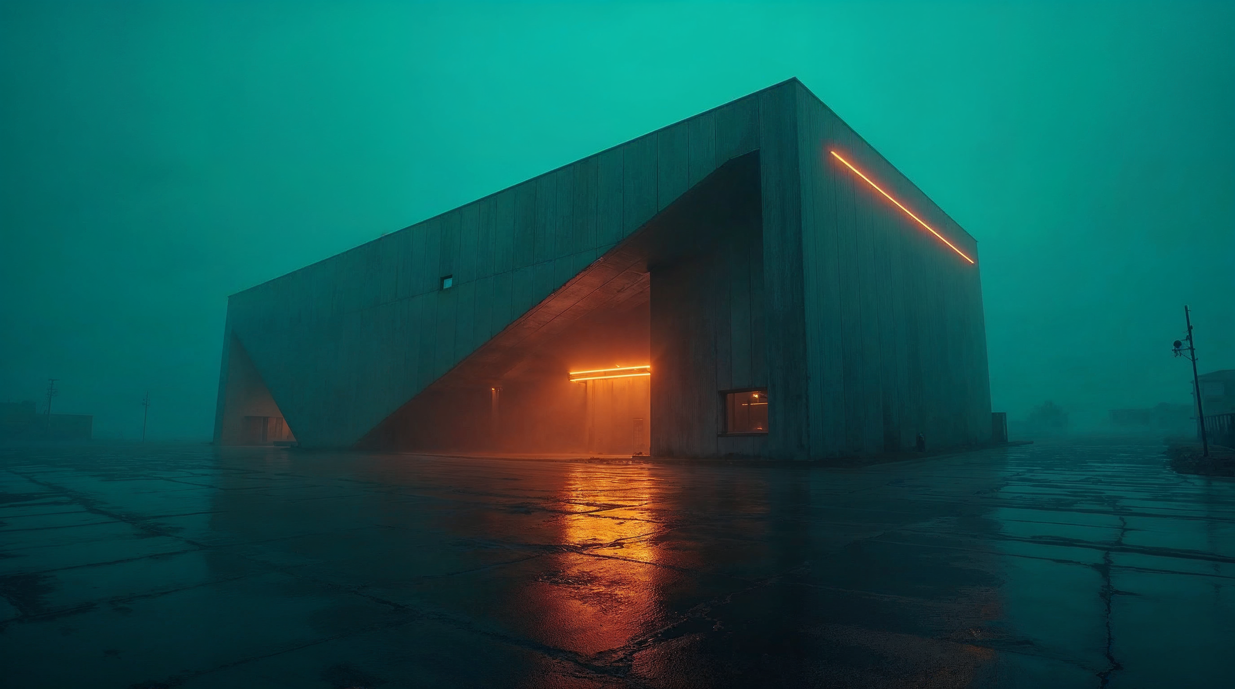 Modern building with angular design, illuminated with orange neon lights, on a wet reflective surface, under a foggy teal sky.