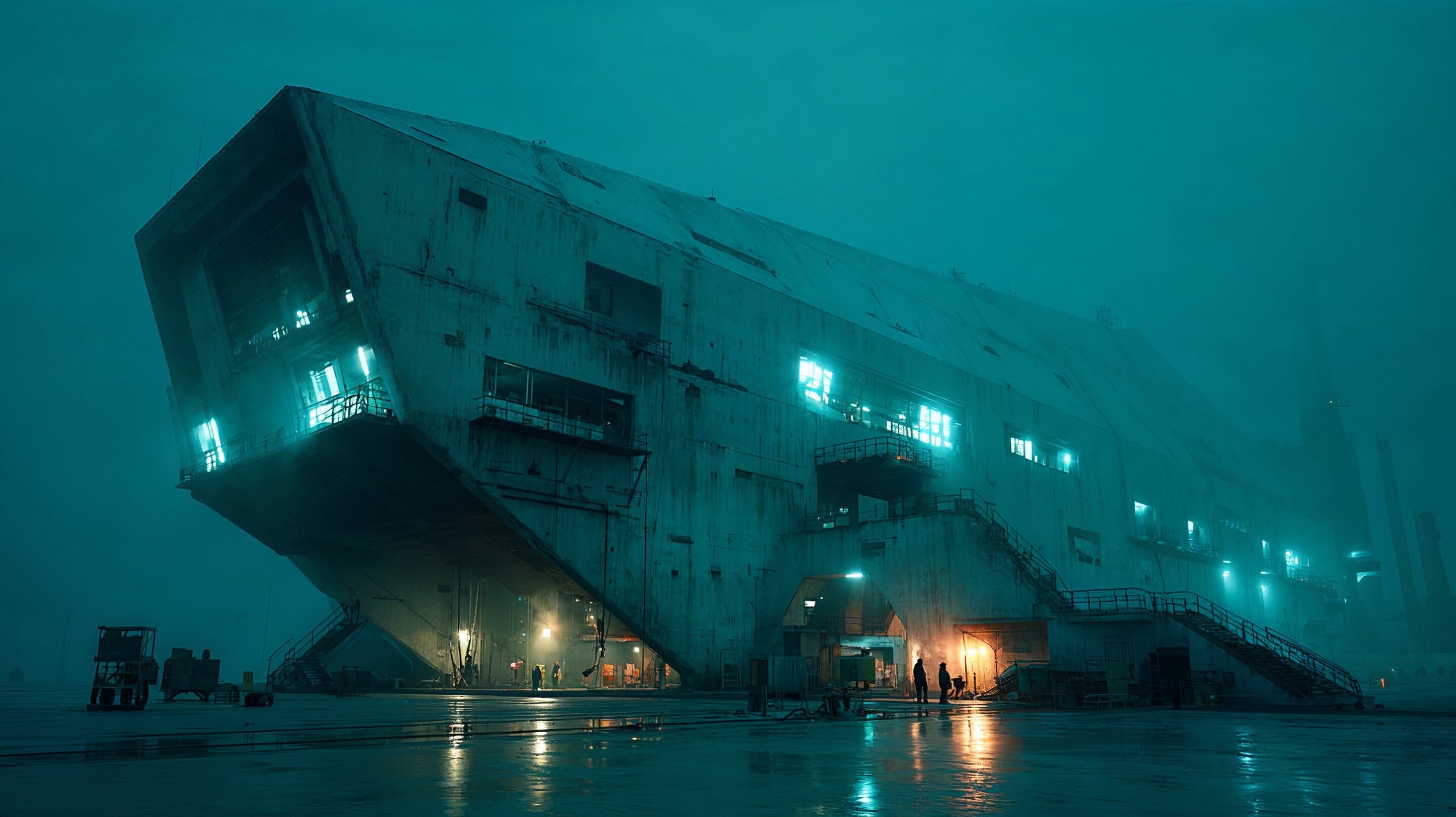 A large, abandoned maritime vessel, possibly an aircraft carrier, docked at a foggy port at night with muted blue lighting and people working underneath.