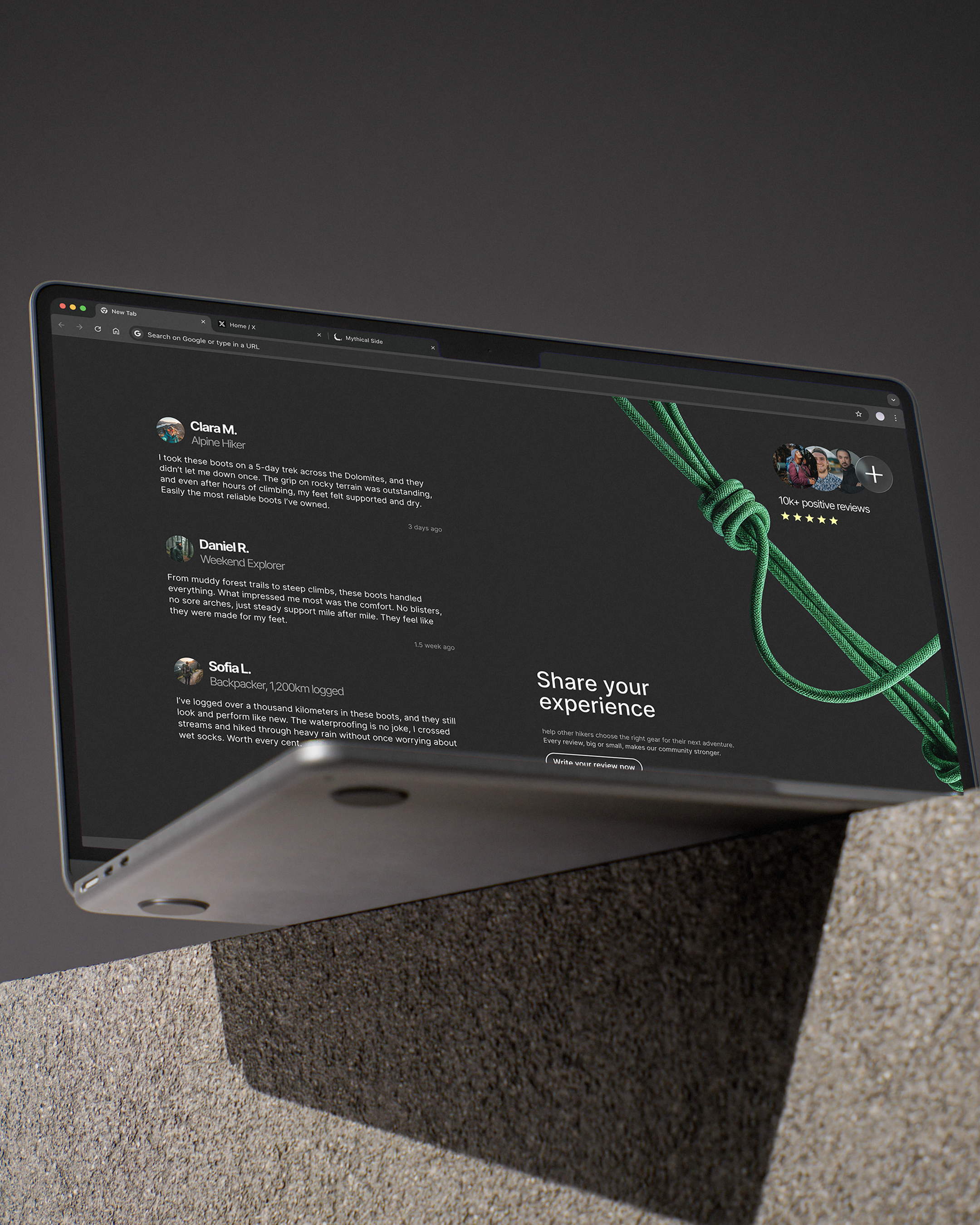 A laptop computer with a web browser open, showing a website with reviews and a green climbing knot on a dark background.
