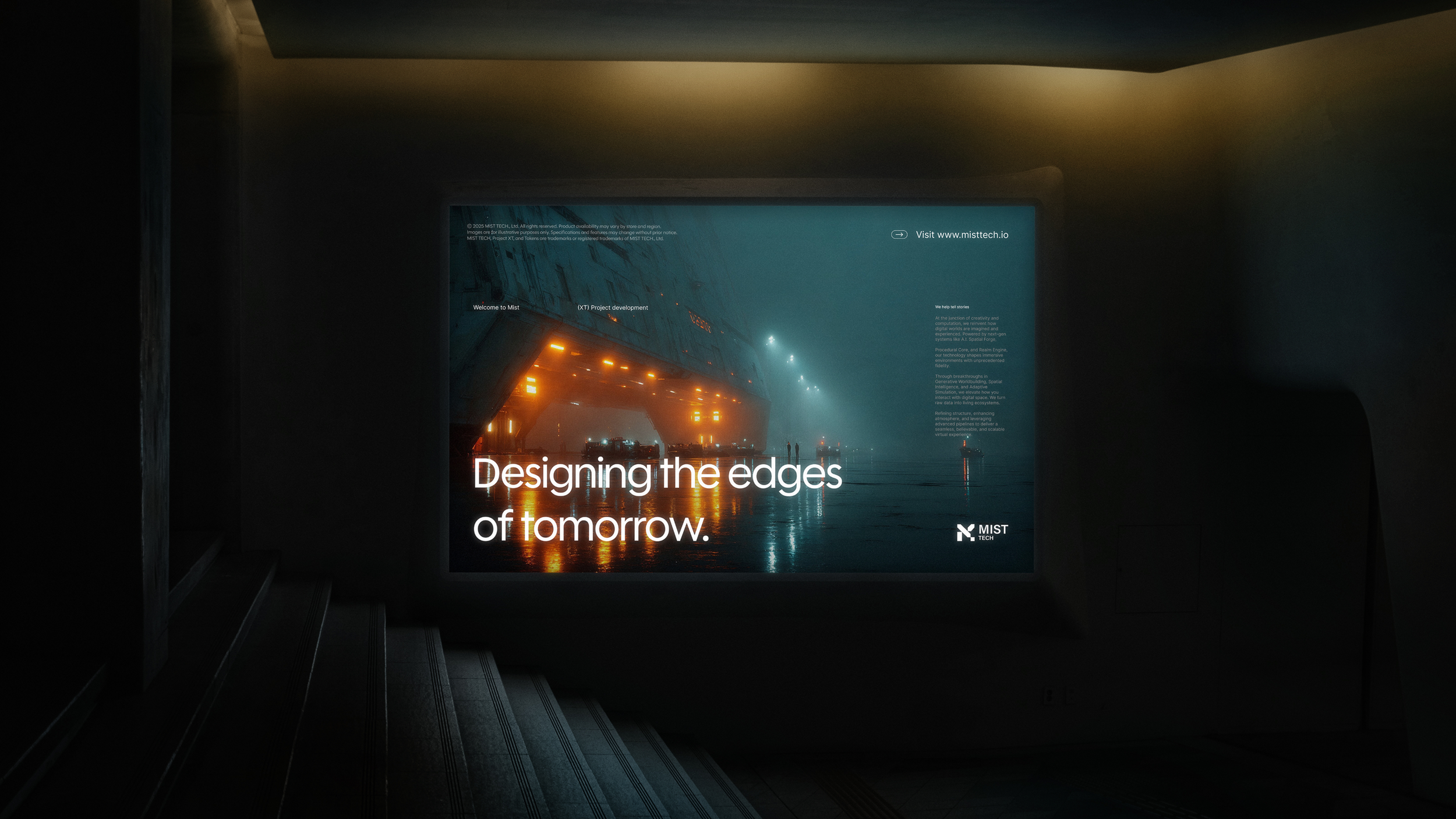 A digital screen with a foggy cityscape at night, displaying the text 'Designing the edges of tomorrow,' with the logo 'MIST TECH' in the bottom right corner.