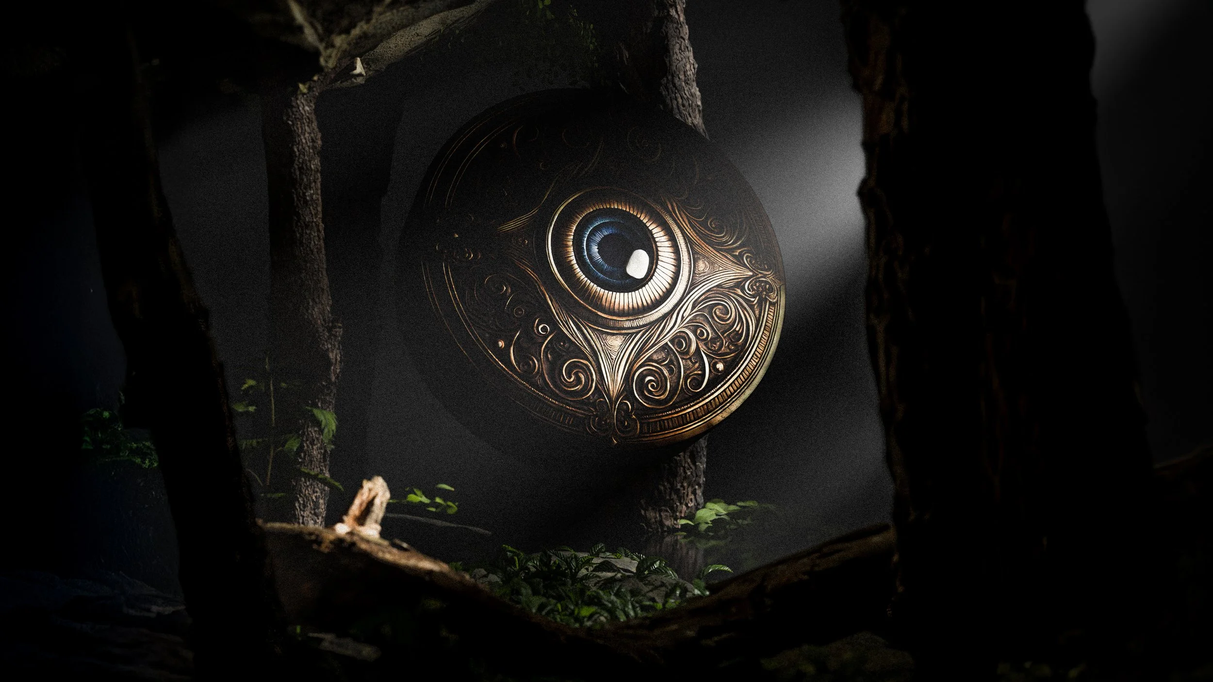 Objet ancien en or ornée d'un œil, suspendu dans une forêt sombre, éclairé par un faisceau de lumière