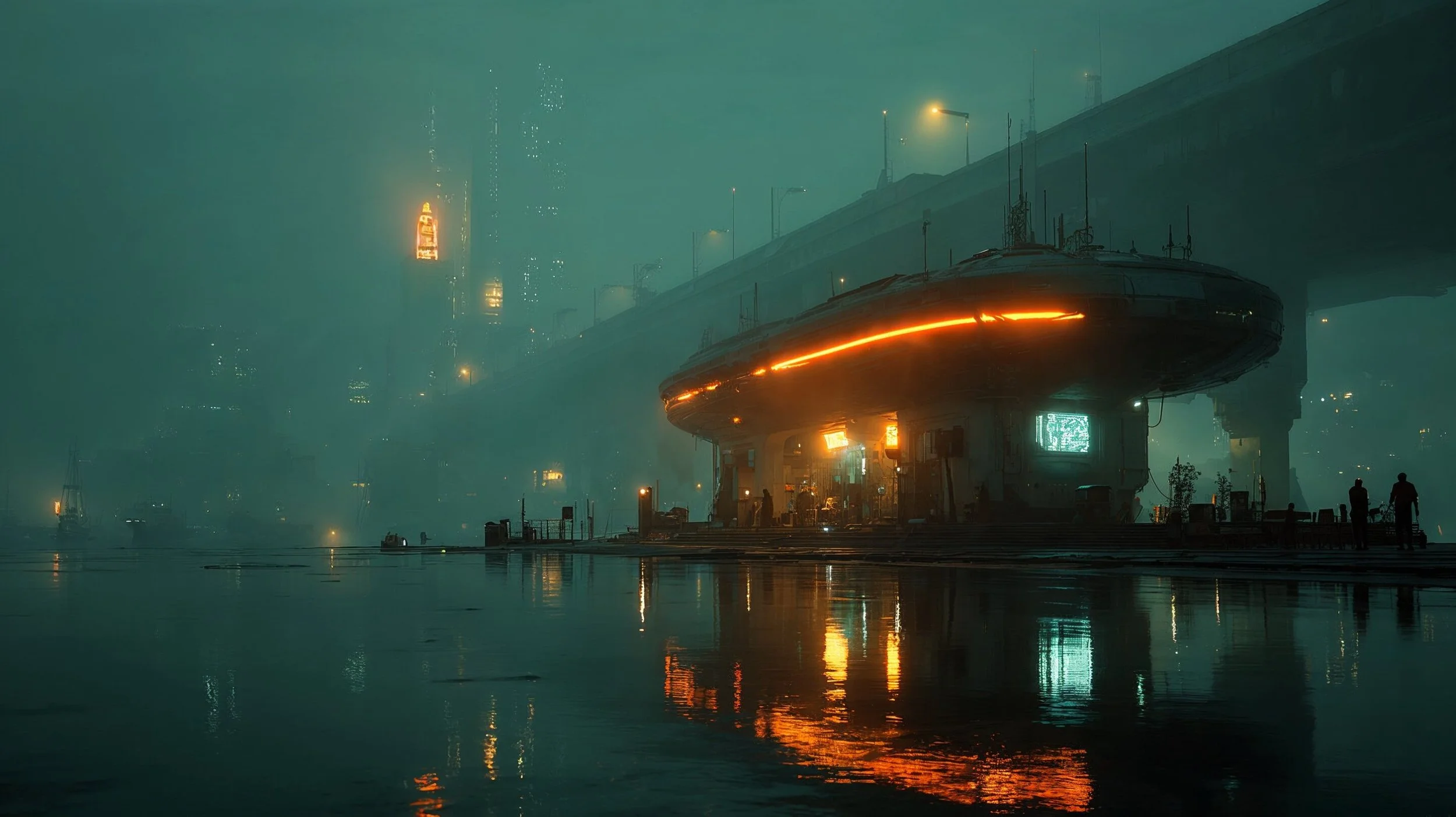 A futuristic cityscape at night with a sleek, illuminated vessel docked near a waterfront, reflected in the water below, with high-rise buildings and an elevated highway in the background shrouded in fog.