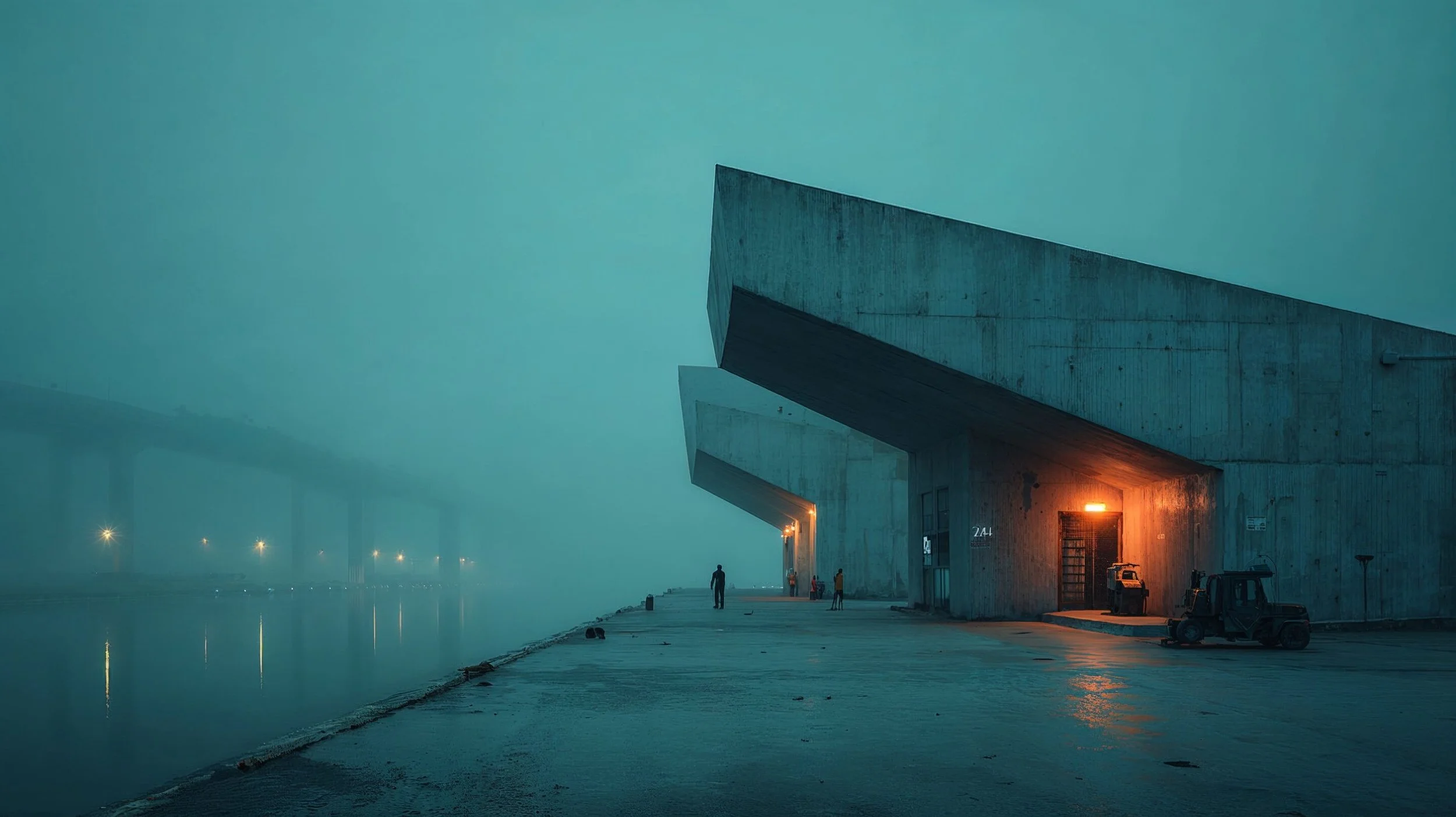 Modern concrete building with large overhanging angles and warm lighting at night, near a foggy water body with faint bridge lights in the distance.