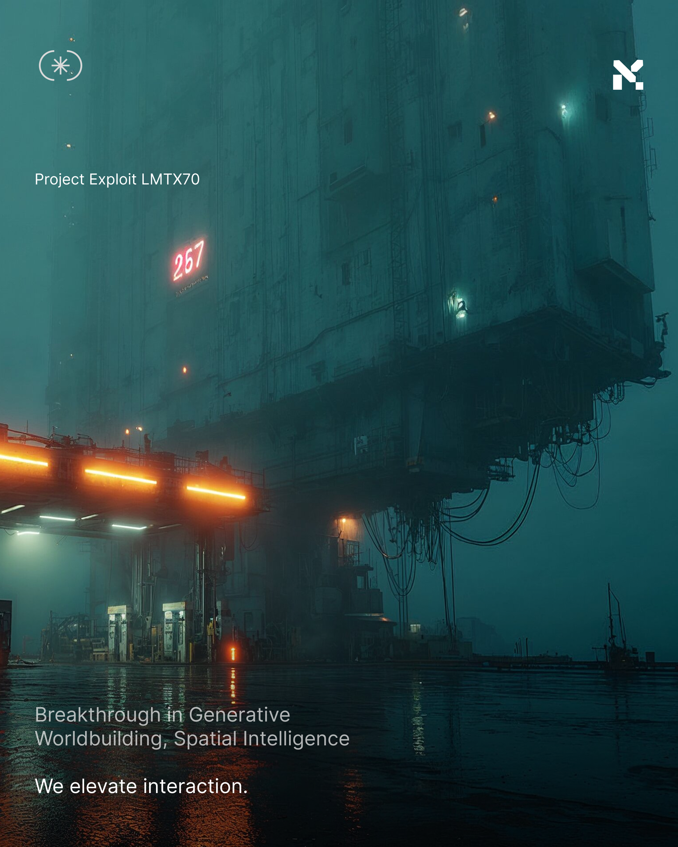 A futuristic, nighttime scene of a large, industrial floating structure with glowing lights, wires, and a digital display, shrouded in fog.