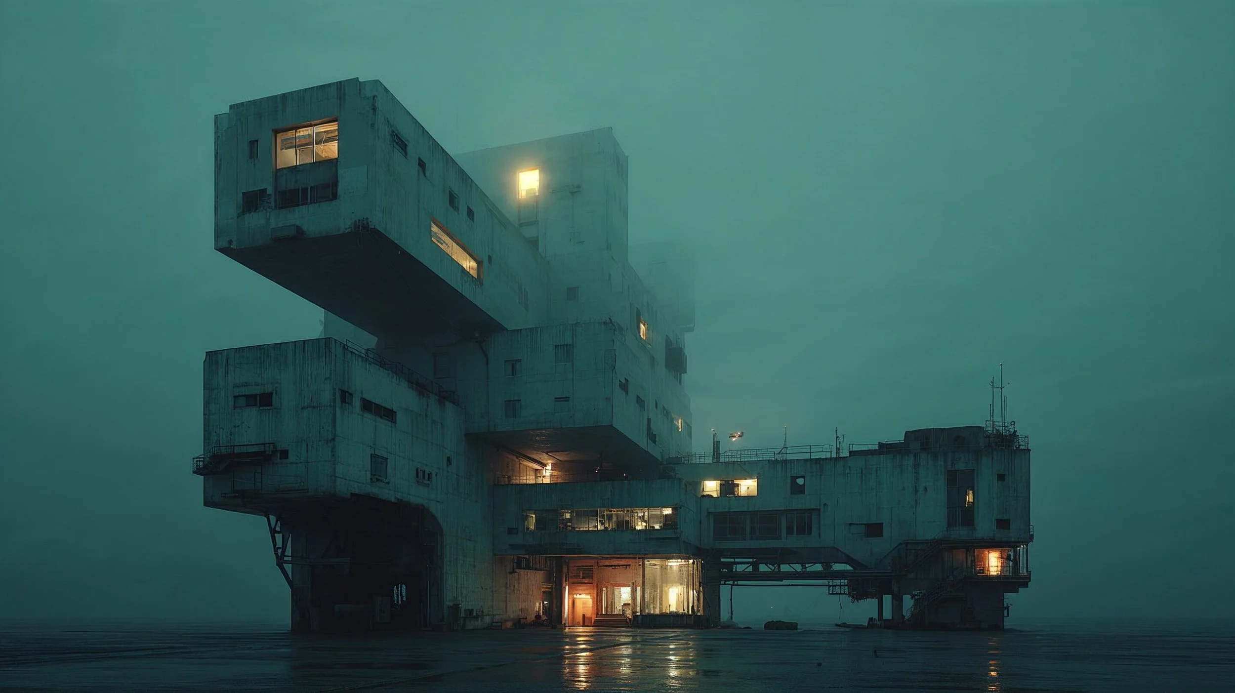A large, concrete, futuristic building on stilts over water with illuminated windows, foggy sky, and a moody, atmospheric scene.