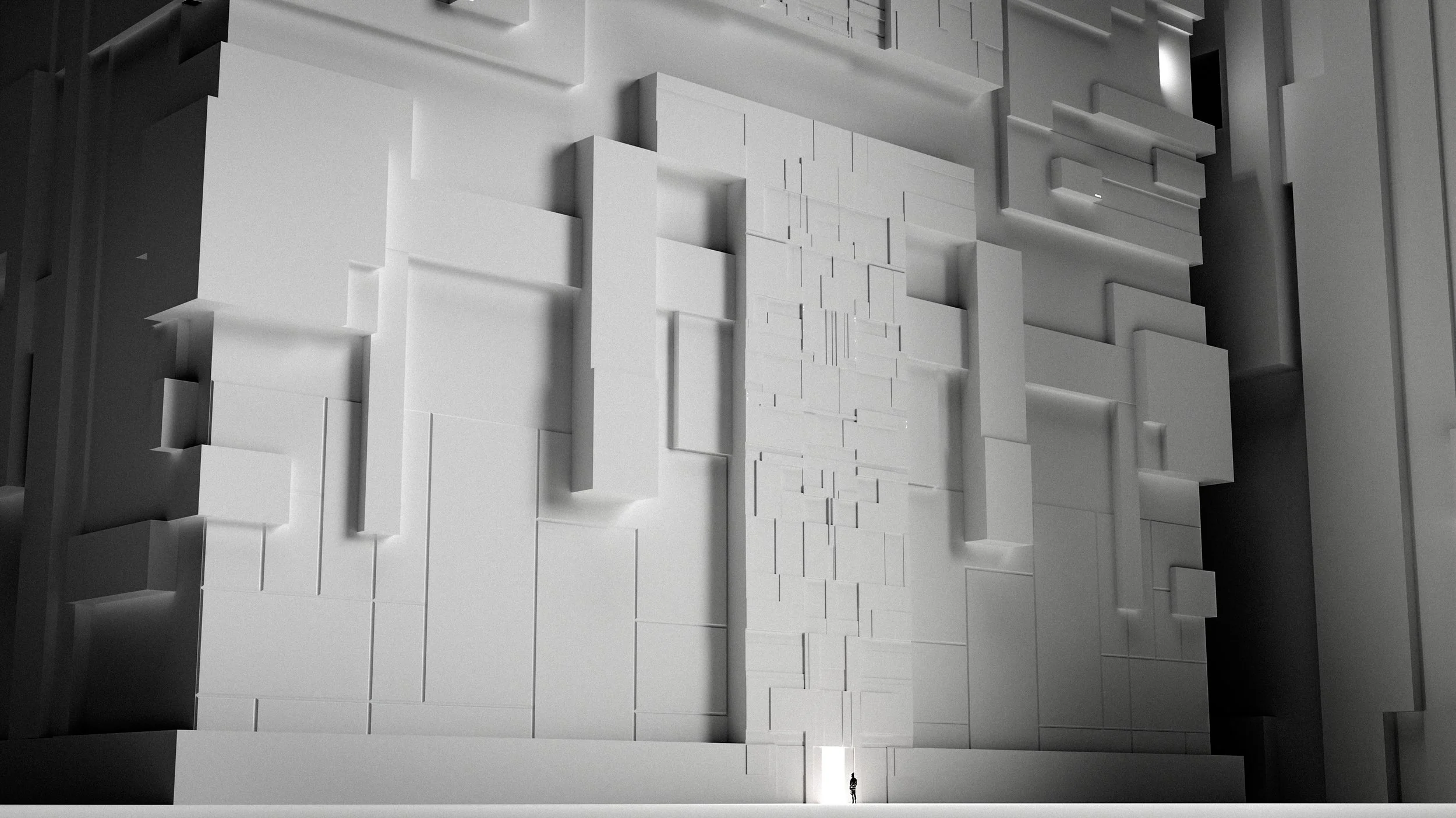 Une très grande façade blanche de style moderne avec diverses formes géométriques et un seul petit humain à la base pour l'échelle.