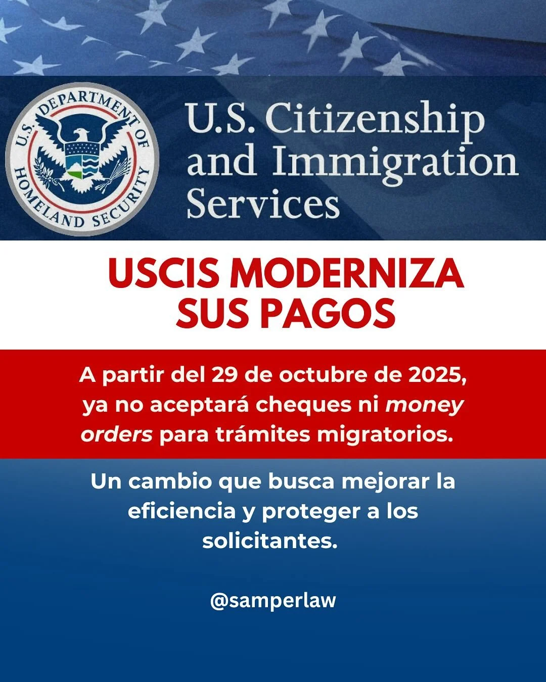 ¿Sabías que USCIS ya no aceptará pagos con cheques ni giros postales?
A partir del 28 de octubre, todos los pagos deberán hacerse de forma electrónica 💻💳
Este cambio busca modernizar el sistema migratorio y hacer
