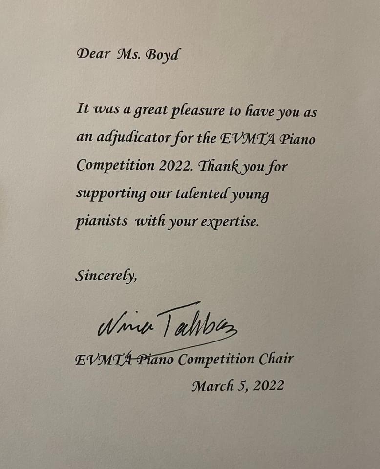 Adjudicator for the EVMTA Piano COmpetition - Gilbert (Arizona)