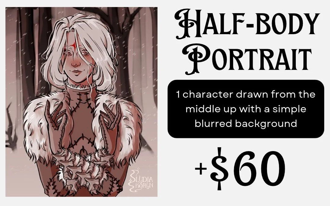 Half-Body Portrait - 1 character drawn from the middle up with a simple blurred background - $60