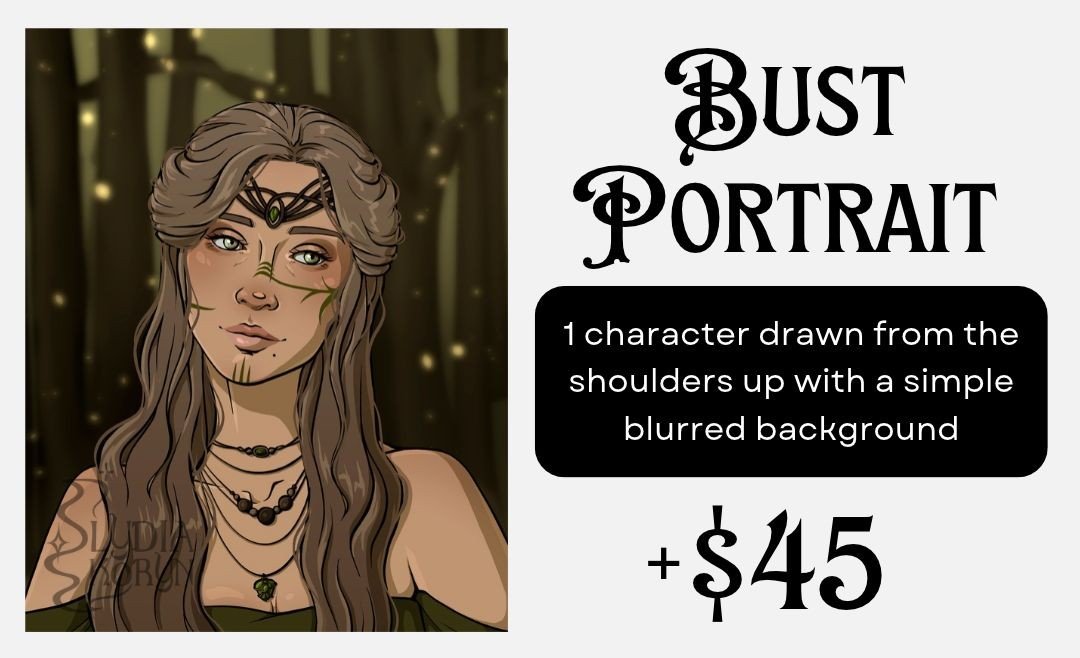 Bust Portrait - 1 character drawn from the shoulders up with a simple blurred background - $45