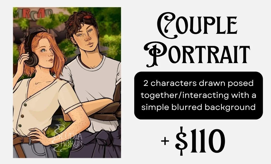 Couple Portrait - 2 characters drawn posed together/interacting with a simple blurred background - $110