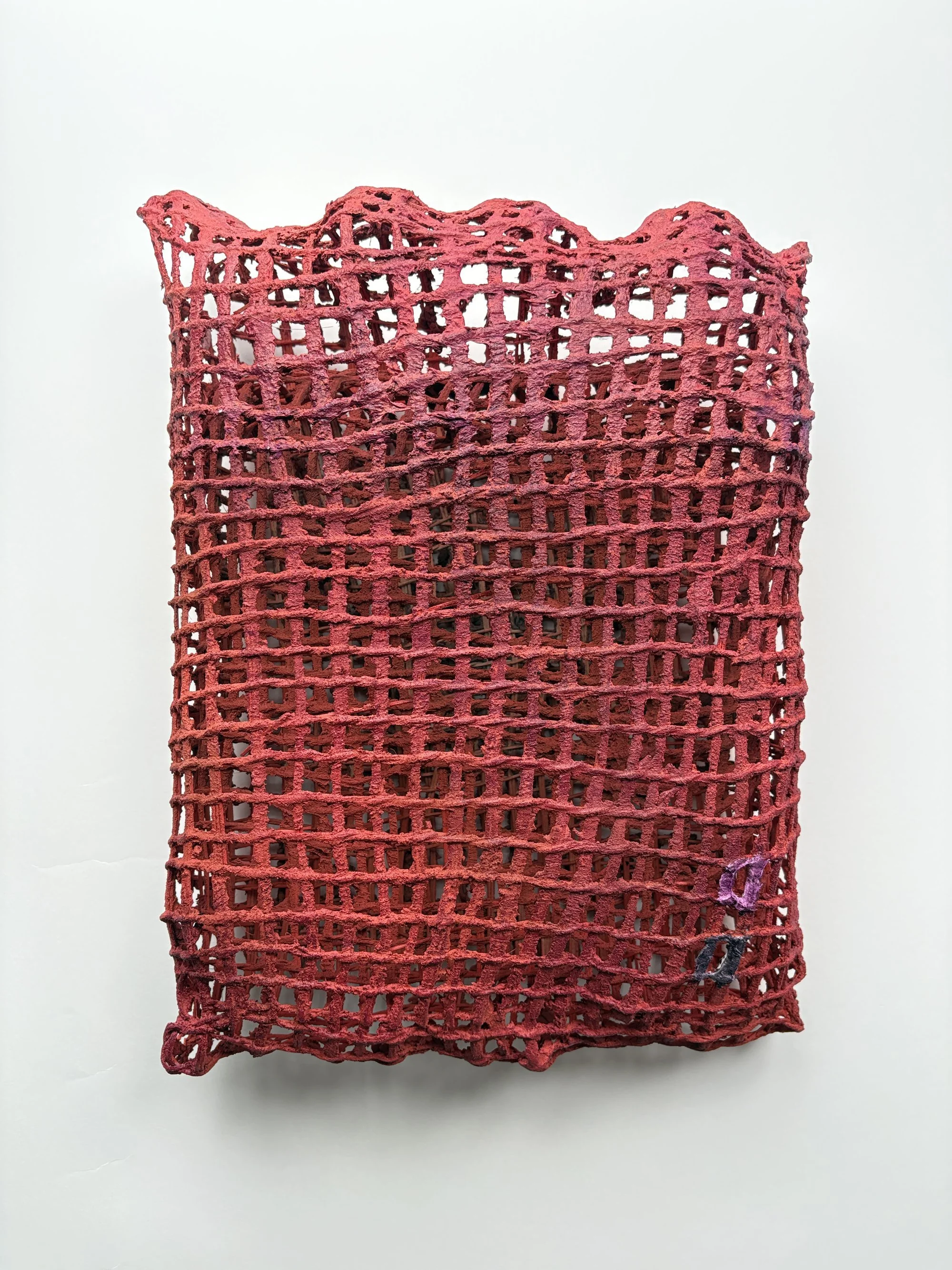 Sarita Westrup,
Basket/Gate (oxide/cochineal) II, 2026
reed, mortar, fiberpaste, paint, cochineal ink
18 x 14 x 3½ in.
Available