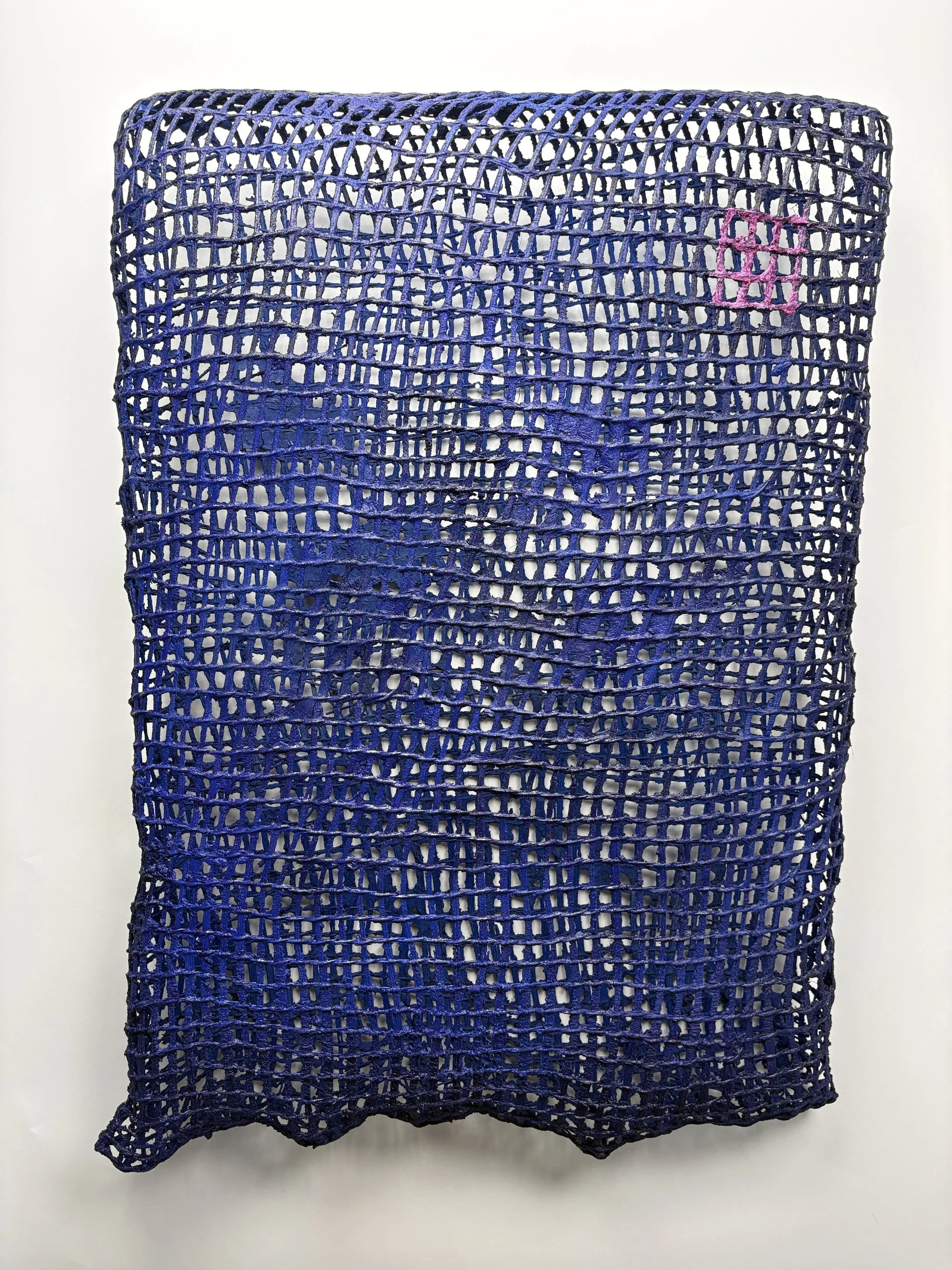 Sarita Westrup, 
Basket/Gate (blue/cochineal), 2026
reed, mortar, paint, cochineal ink
36 x 27 x 4½ in.
Available