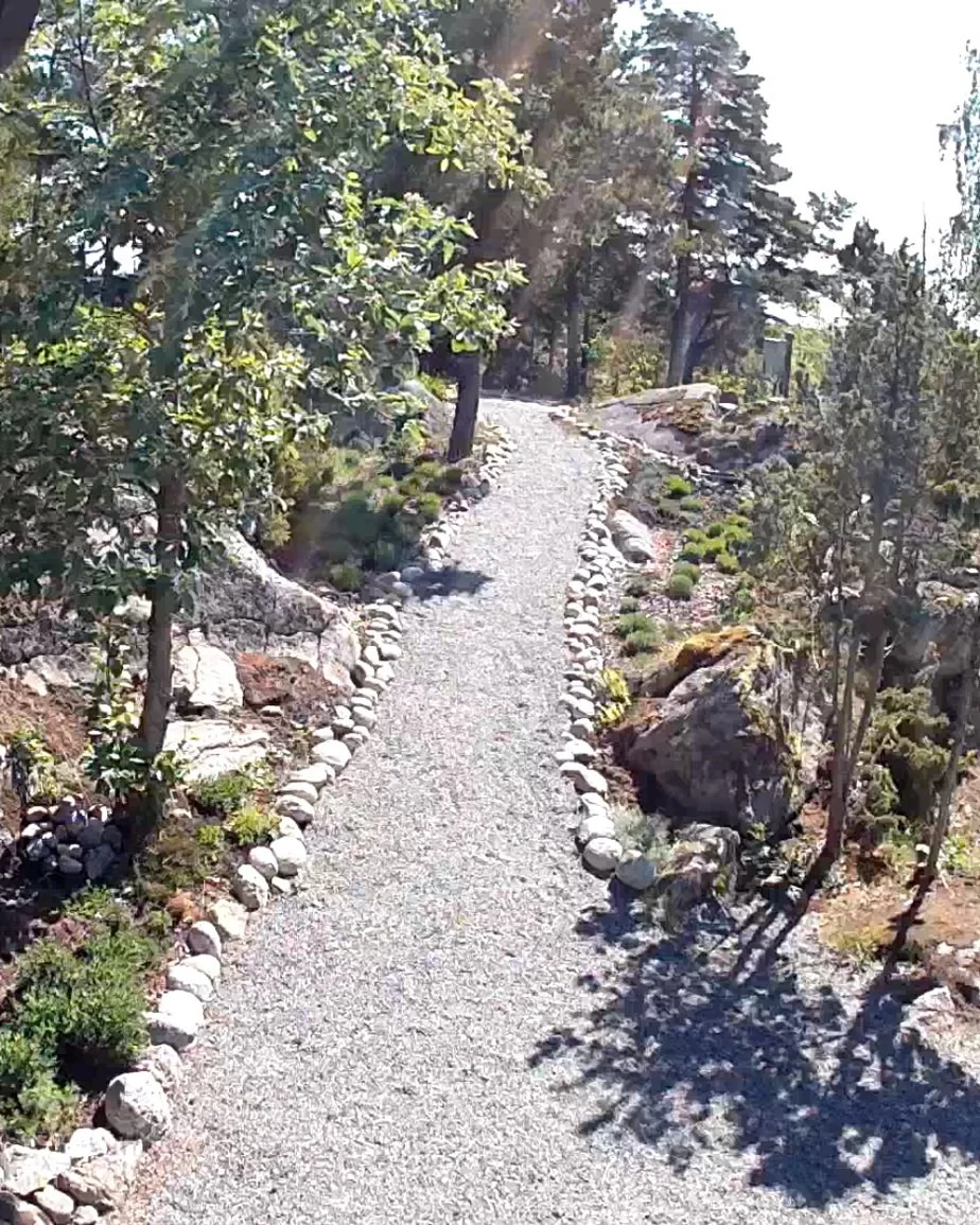 A gravel pathway winding through a garden with trees, rocks, and small plants, under a clear sunny sky.