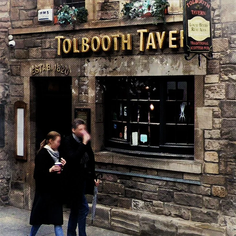 Front view of Tolbooth Tavern, established 1820, with pedestrians walking by, located in a stone building decorated with plants.