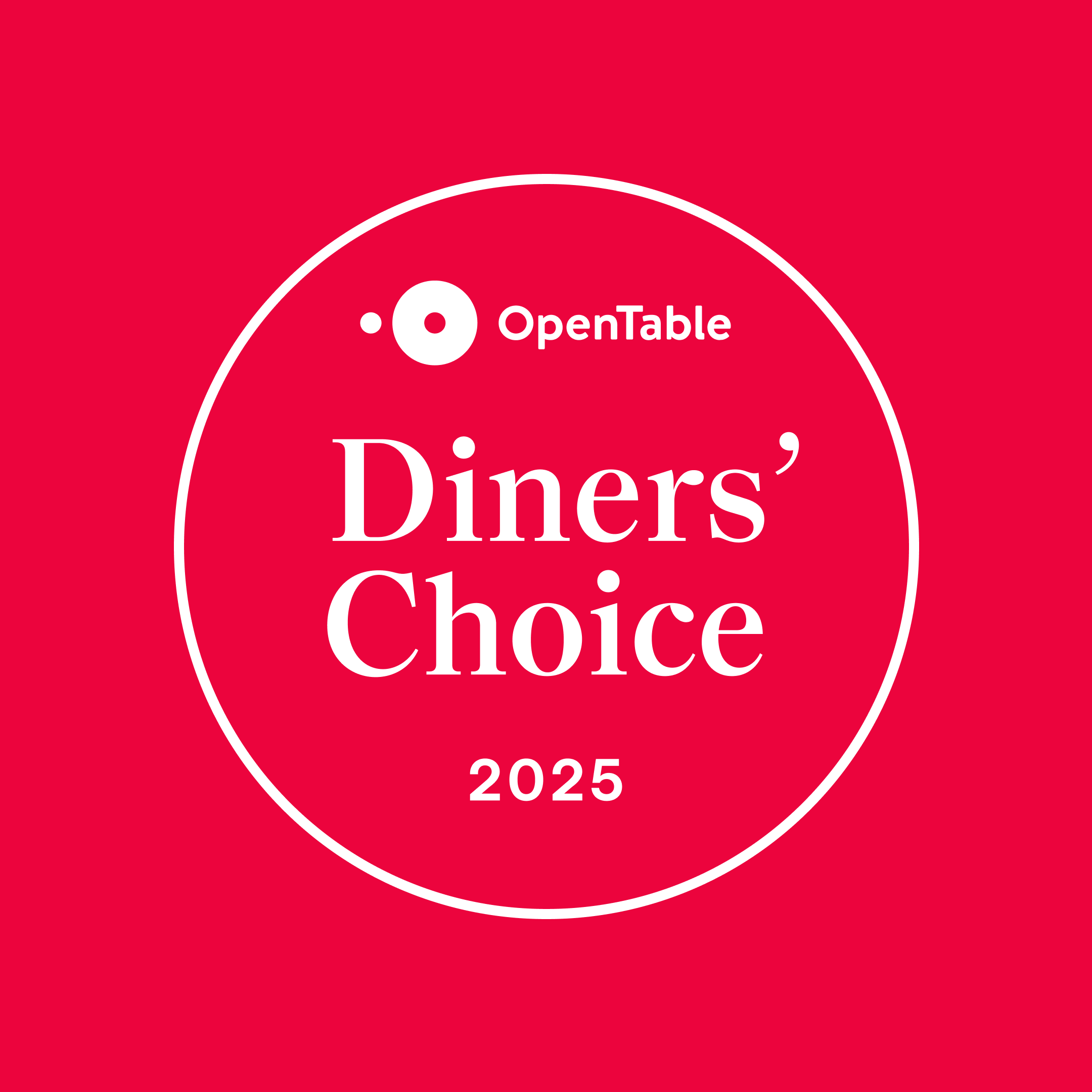 OpenTable Diners' Choice 2023 logo on orange background with forks holding food like shrimp, strawberry, cherry tomato, and pickle slice.