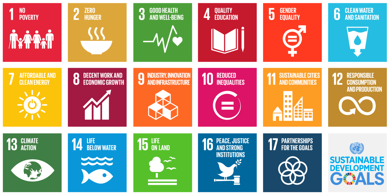 United Nations Sustainable Development Goals infographic displaying 17 colored icons representing goals like no poverty, zero hunger, quality education, gender equality, clean water, affordable energy, and climate action.