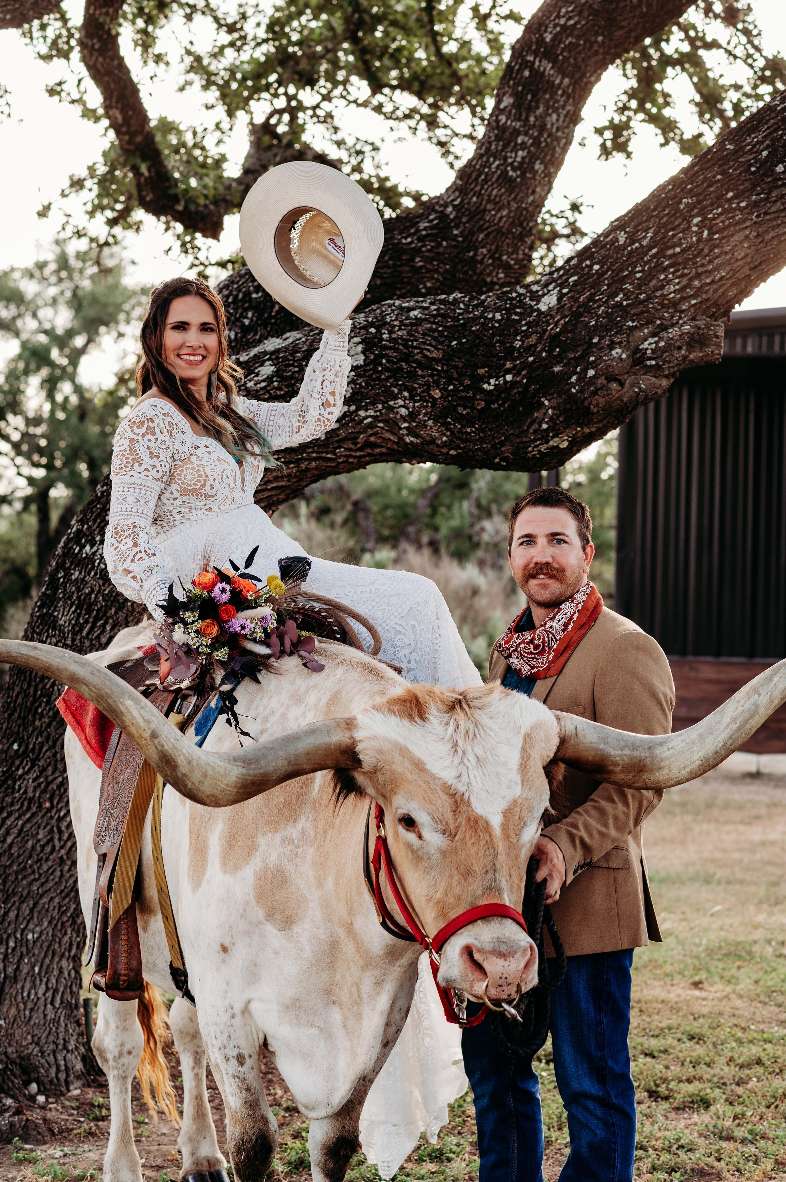 Bride and groom with a longhorn at a rustic Texas Hill Country wedding, featuring western-inspired details and outdoor scenery.