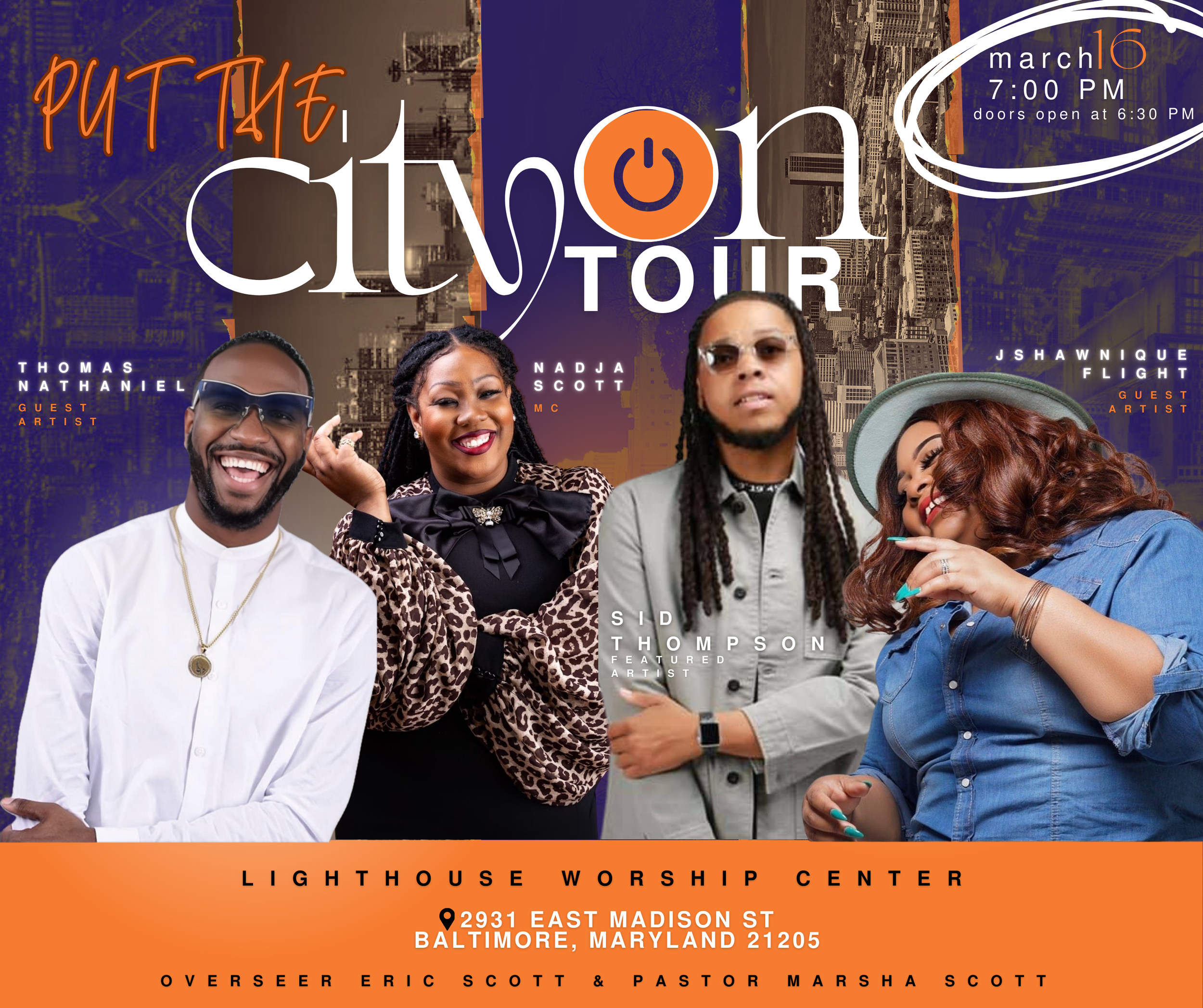 Promotional poster for "Put the City On Tour" featuring Thomas Nathaniel, Nadja Scott, Sid Thompson, and Jshawnique Flight, happening March 16 at 7:00 PM at Lighthouse Worship Center in Baltimore, Maryland. Visuals include artist photos and urban cit