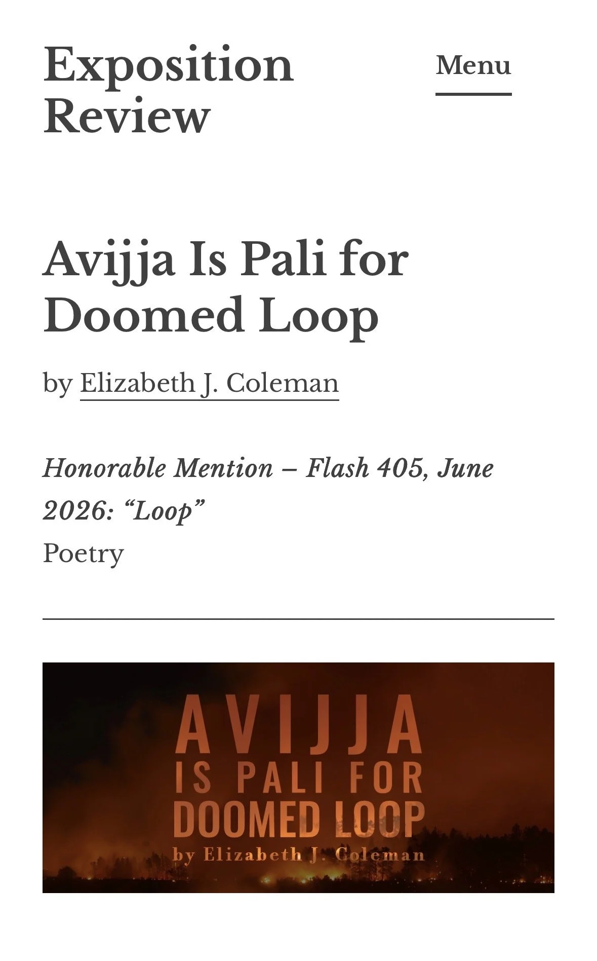 “Avija Is Pali For Doomed Loop” receives honorable mention in Exposition Review’s 405 June 2026 “Loop” Issue