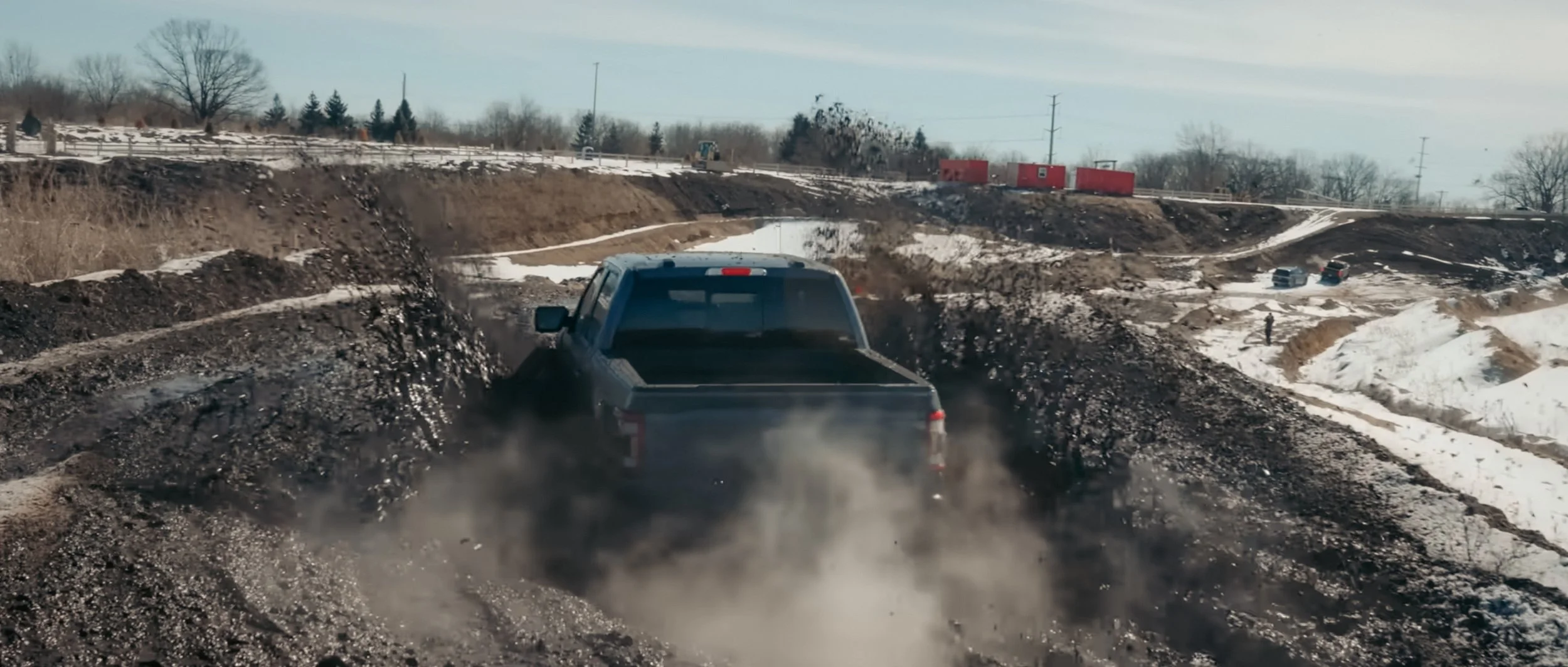 Aerial action shot for MotorTrend ‘Ford v Ram’ project showing vehicles in landscape from above