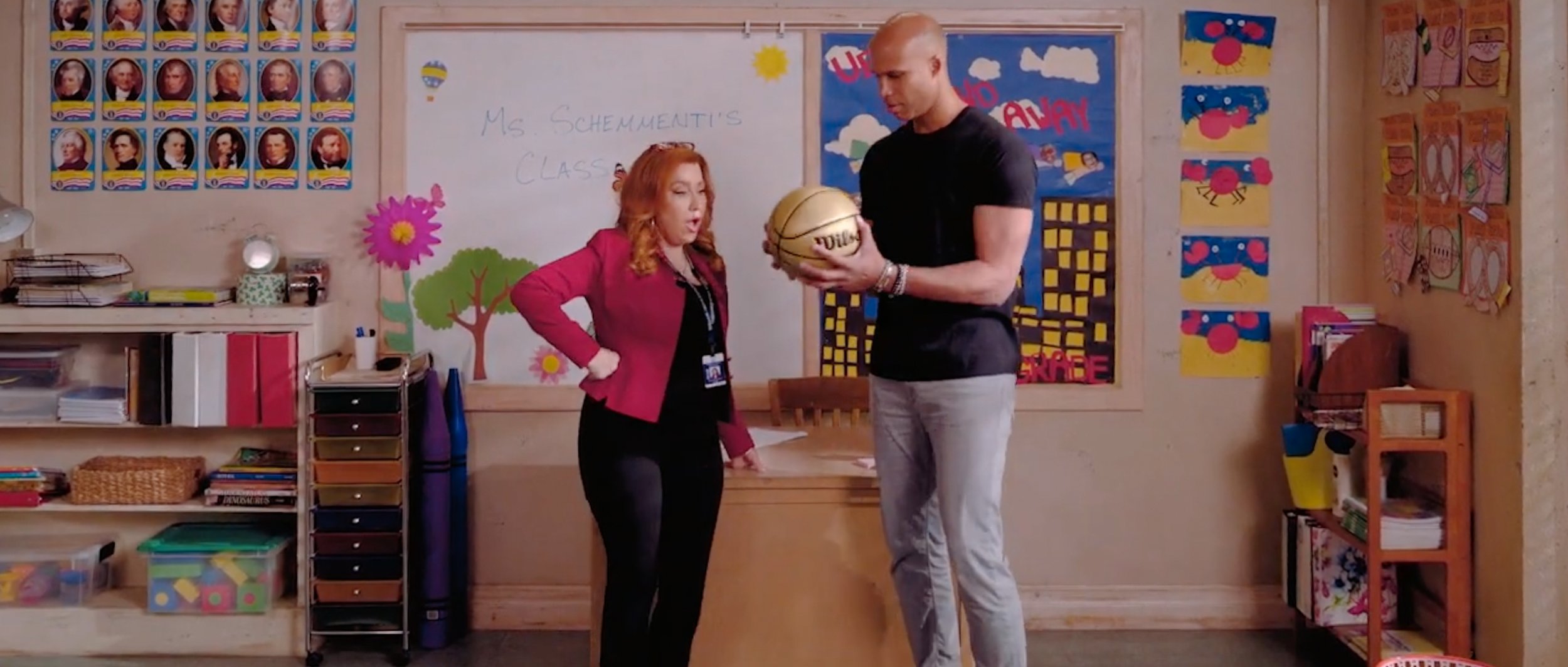 ABC NBA Finals promotional image with basketball action and star from abbot elementary Lisa Ann Walter