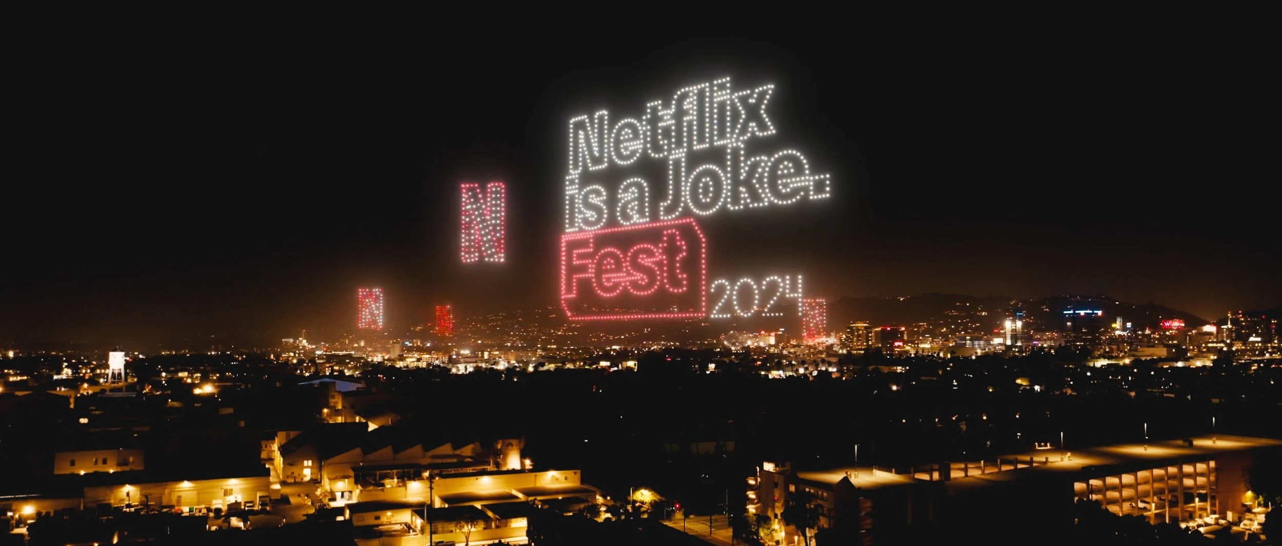 Elevated aerial perspective of Netflix Is A Joke Fest 2024 drone show event