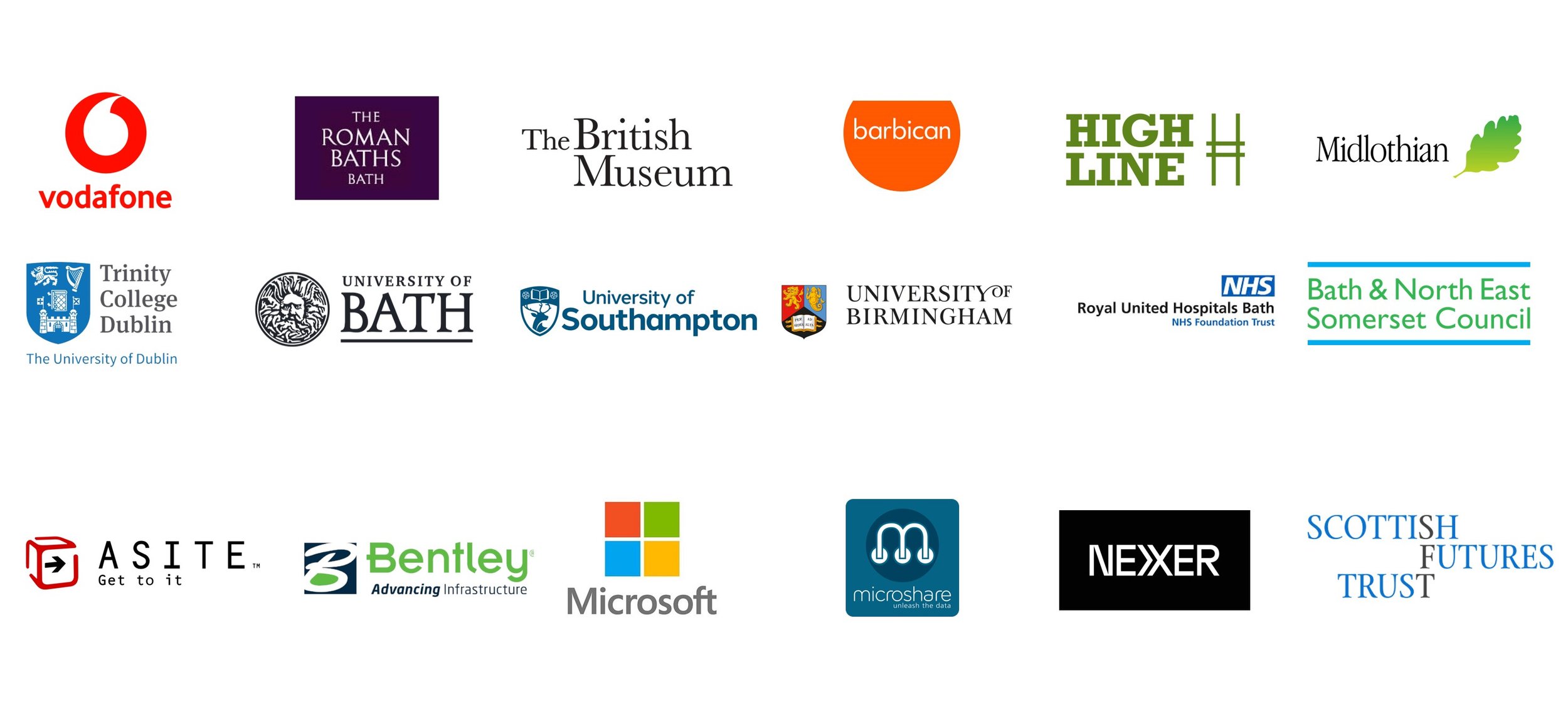 SmartViz Partners: Vodafone, Roman Baths, Barbican, British Museum, High Line, Midlothian, Trinity College Dublin, University of Bath, Southampton Uni, Birmingham Uni, Royal United Hospital Bath, Bath Council, Asite, Bentley Systems, Microsoft, Nexer
