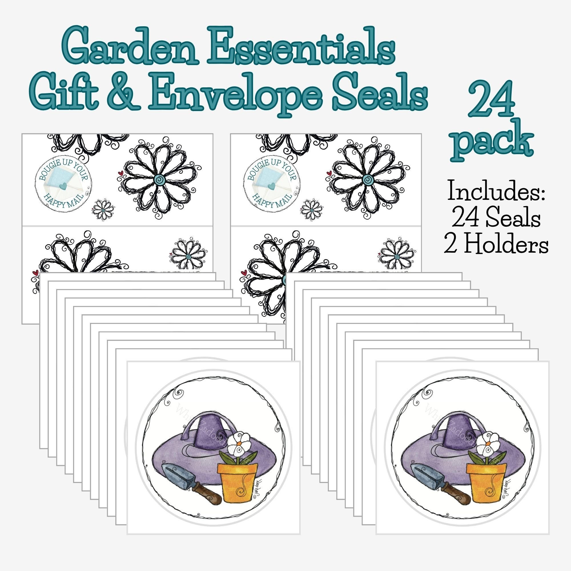 Twenty-four Garden Essentials envelope seals in bulk featuring garden tools and floral design, perfect for packaging, planners, and happy mail