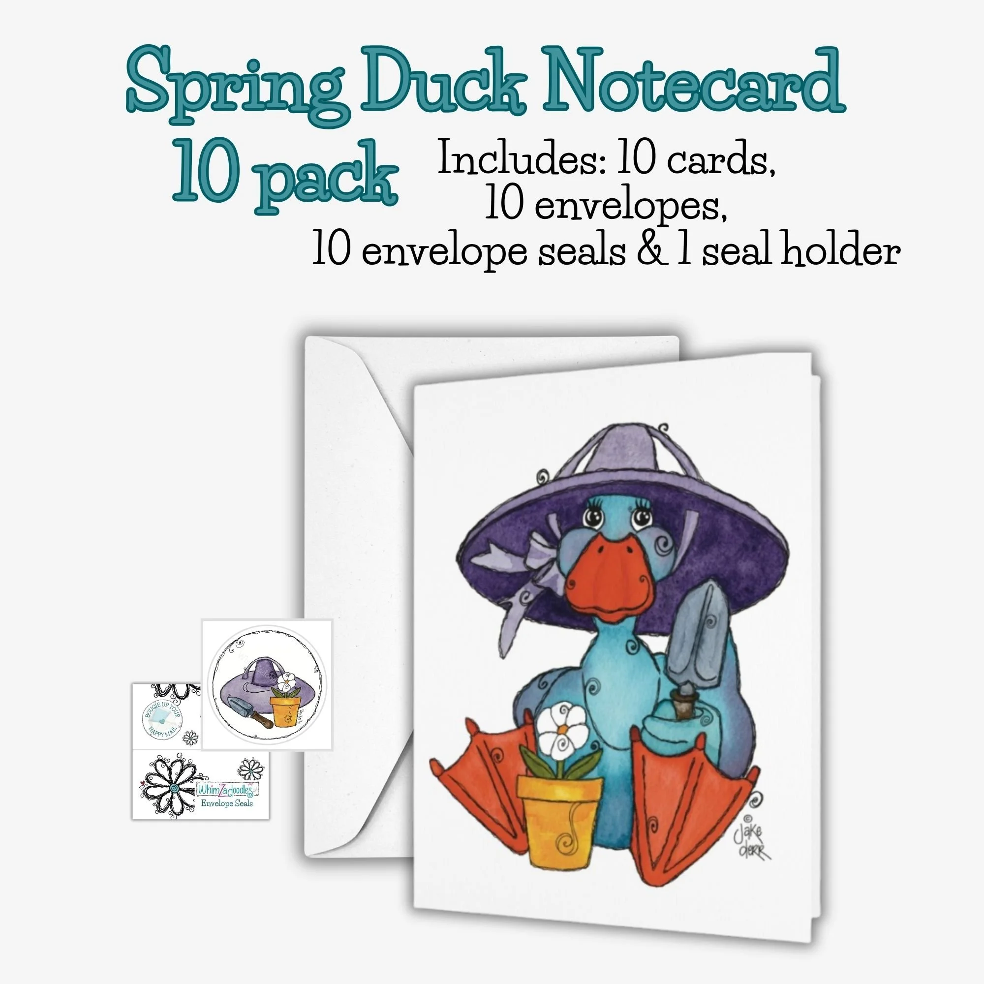 Bundle of ten notecards with teal duck planting a daisy, playful garden artwork with sun hat and watering can