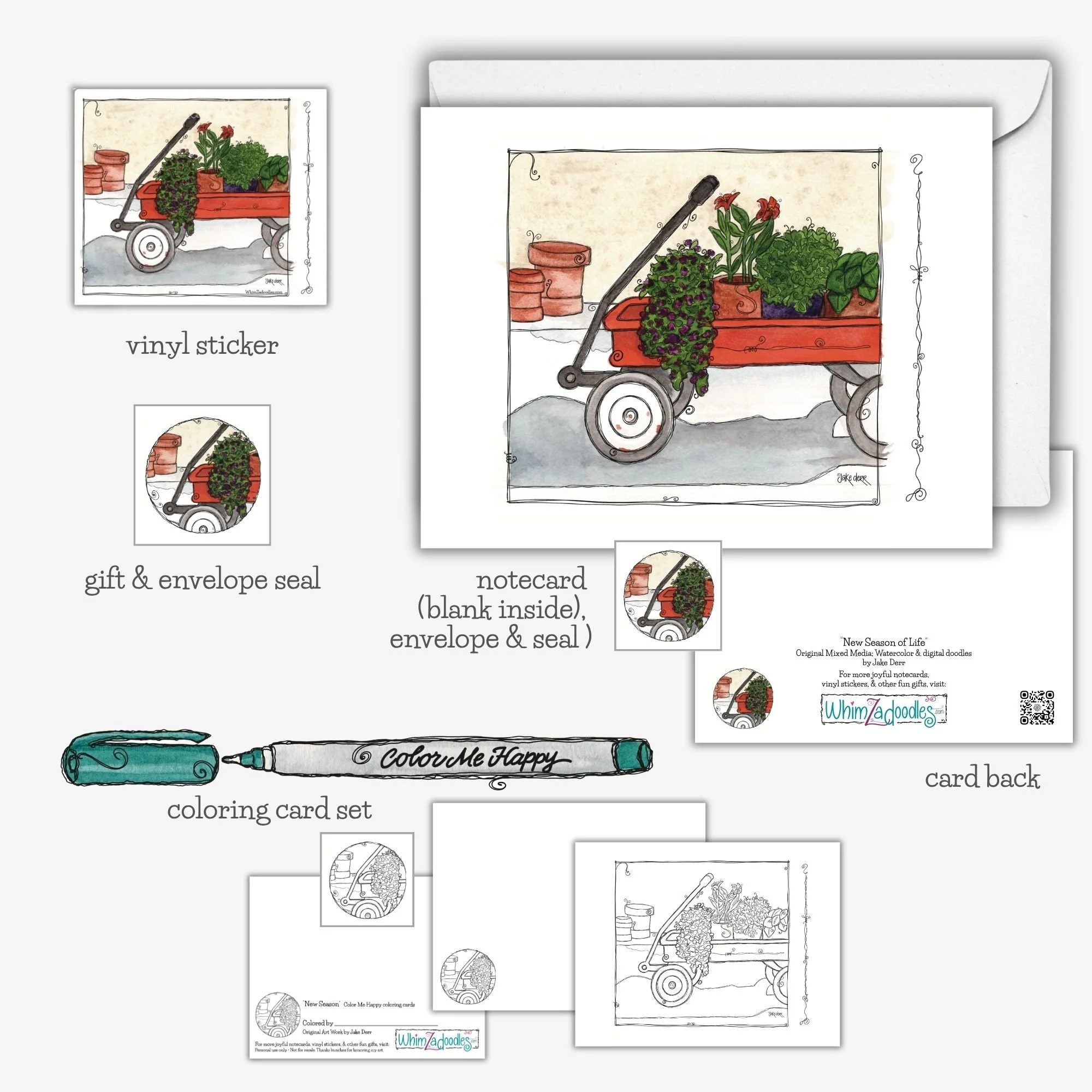 Collection of New Season of Life watercolor gifts featuring a red wagon filled with thriving plants, available as notecards, stickers, envelope seals, and coloring cards.