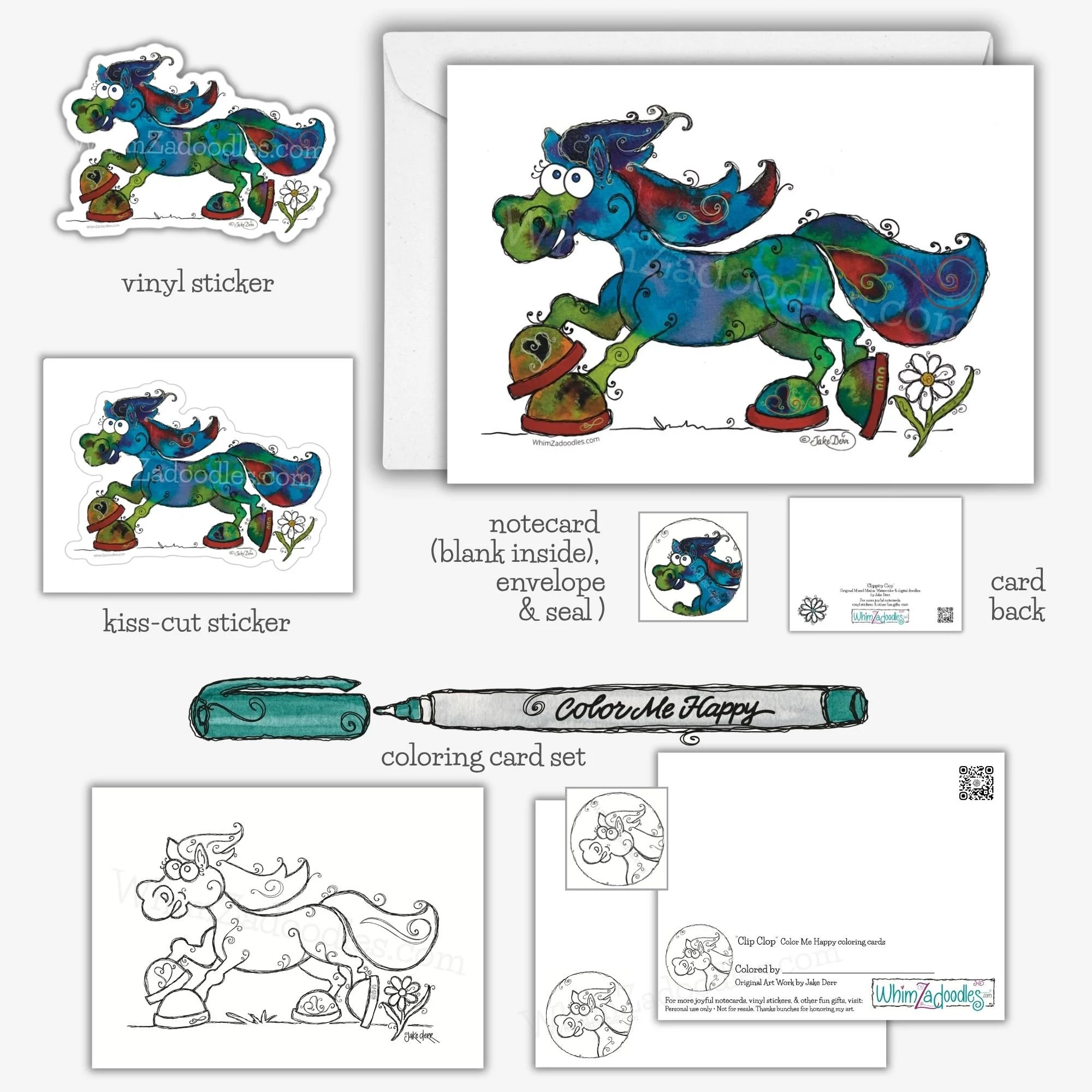 Collection of Clippity Clop horse gifts including notecards, vinyl stickers, glitter stickers, kiss-cut stickers, and coordinating gift seals.