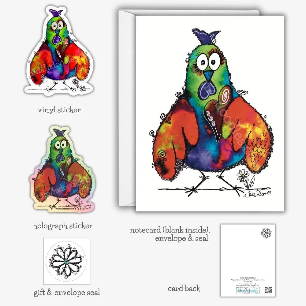 Laser Focused Hen watercolor collection featuring notecard, vinyl stickers, holographic sticker, and coordinating WhimZaDaisy gift and envelope seals.