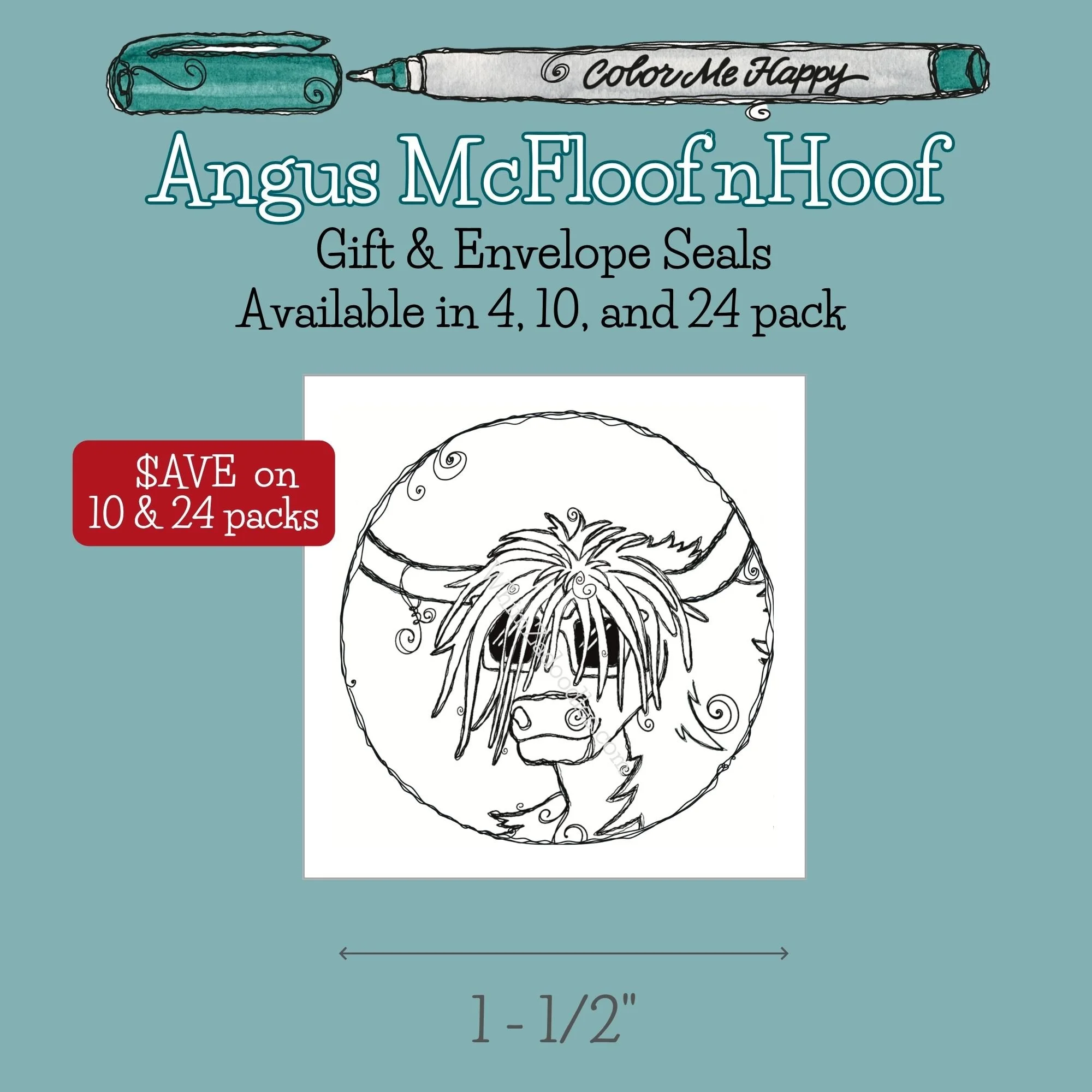 Decorative Angus McFloof’nHoof envelope and gift seals featuring colorful whimsical Highland cow watercolor artwork.
