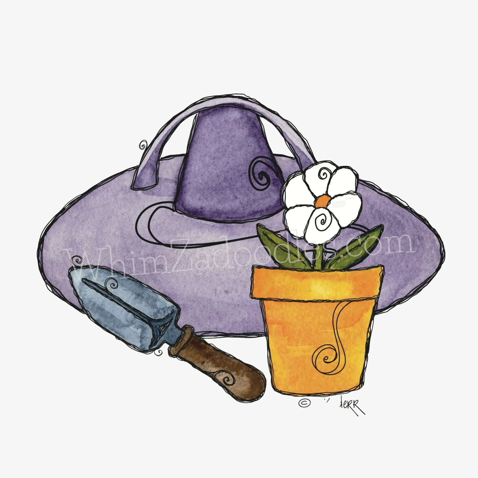 Playful watercolor arrangement of gardening items including a purple sun hat, metal trowel, and small potted daisy, designed to match Spring Duck collection