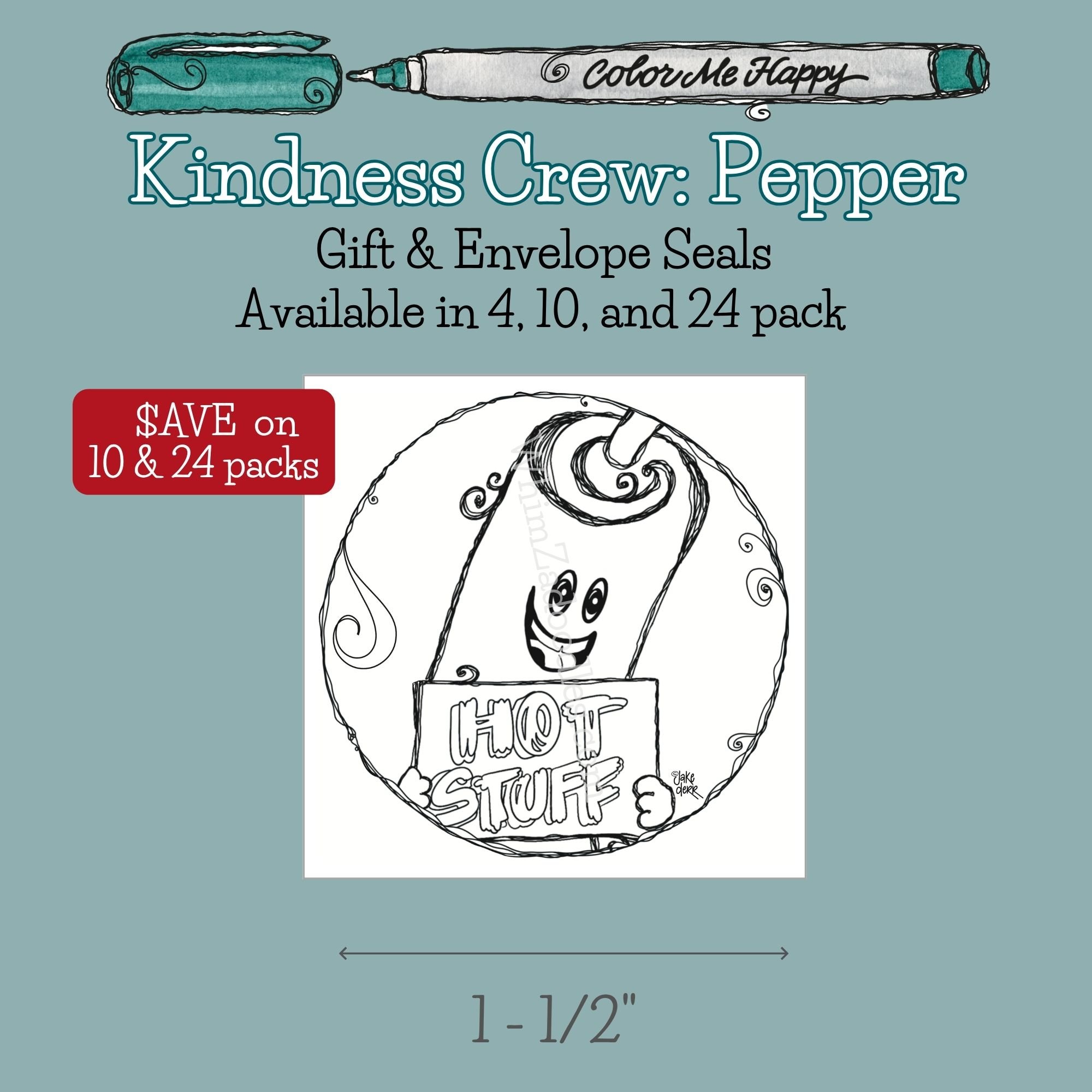 Round envelope and gift seal featuring Pepper the red chili pepper from the Kindness Crew holding a Hot Stuff sign.