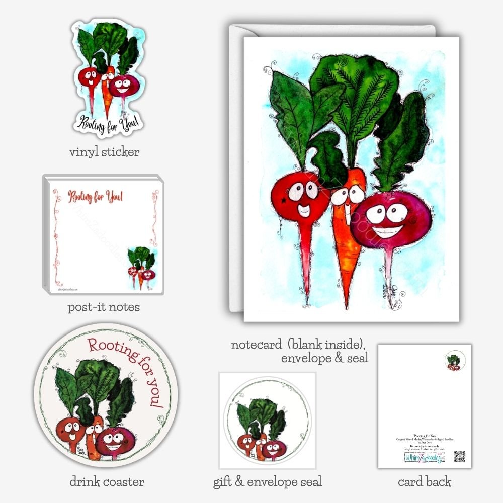 Collection featuring Rooting for You watercolor vegetables on cards, stickers, gift seals, and stationery designed to encourage meaningful connection.
