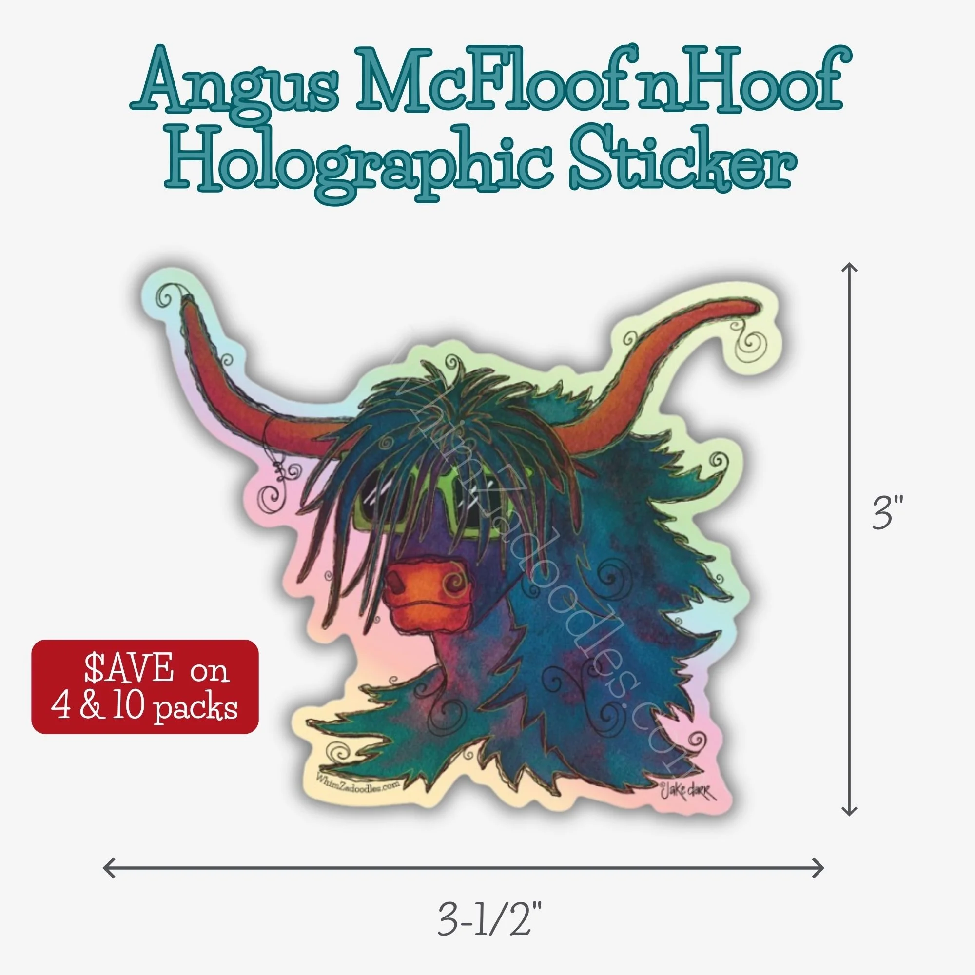 Holographic Angus McFloof’nHoof sticker featuring whimsical Highland cow artwork with rainbow shimmer and oversized orange horns.