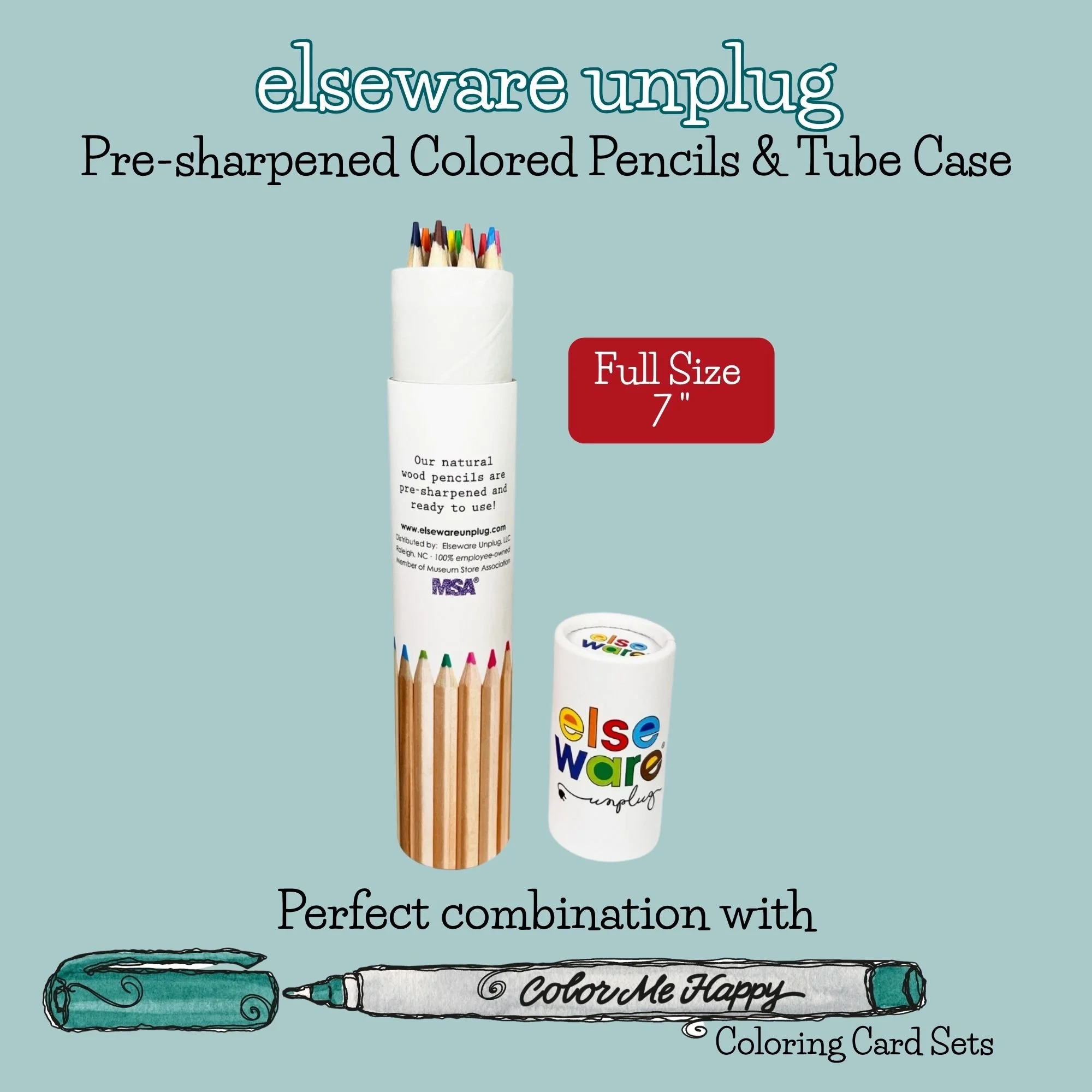 Seven-inch colored pencils stored inside a sturdy recyclable cardboard tube for easy organization and travel.