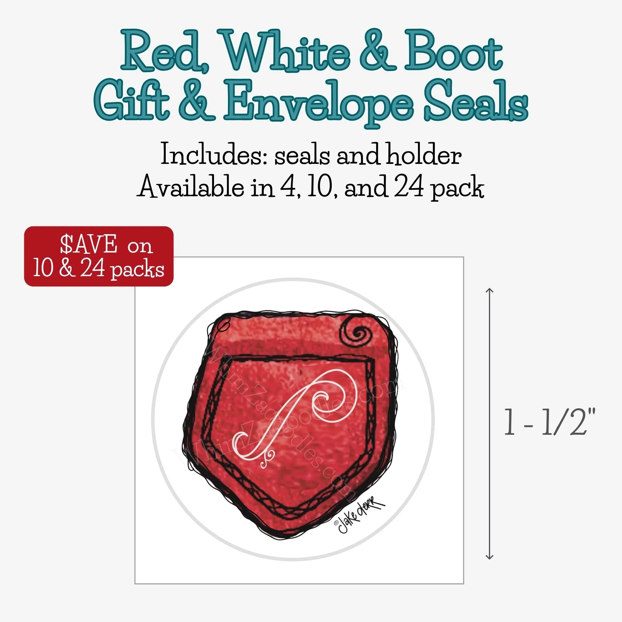 Round envelope and gift seal featuring a whimsical watercolor cowboy boot pull loop with western doodled details.