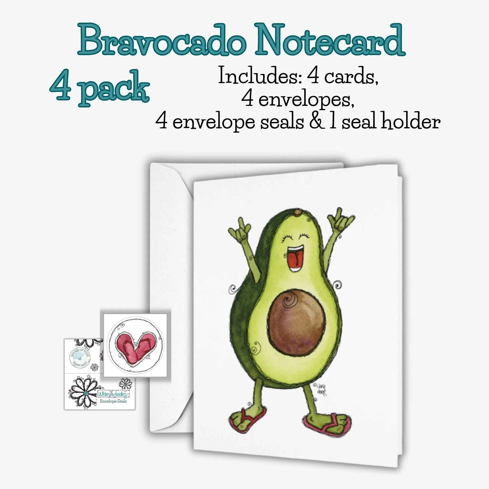 Set of four note cards featuring smiling avocado making “I love you” hand gesture on front