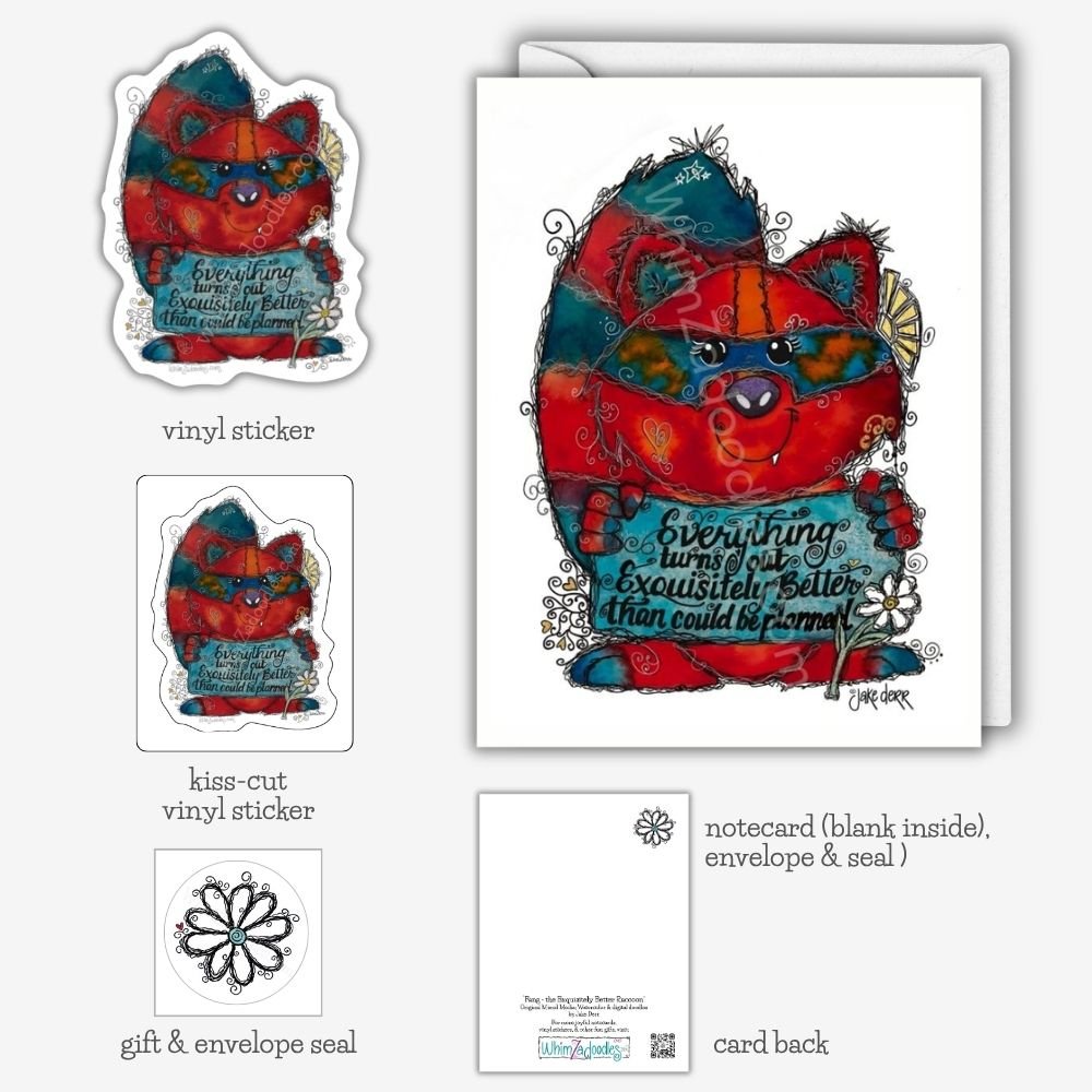 Collection featuring Fang the raccoon watercolor artwork on greeting cards, vinyl stickers, kiss-cut stickers, and coordinating envelope seals for encouraging gifts and happy mail.