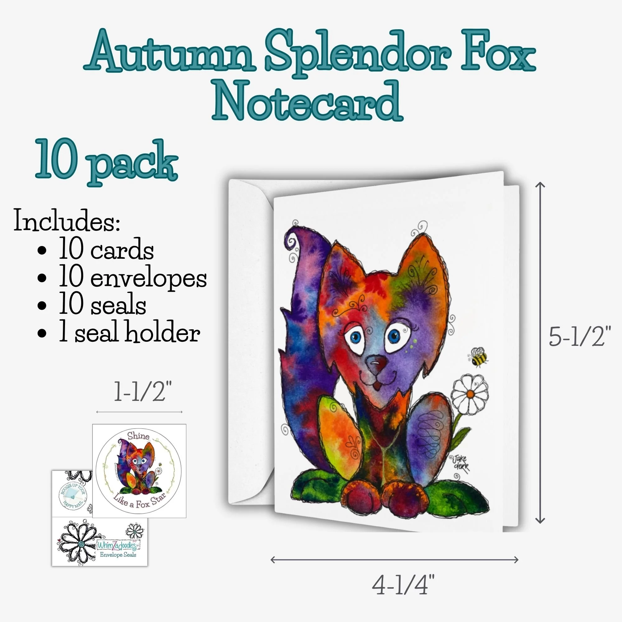 Ten pack of Autumn Splendor Fox notecards with envelopes and coordinating seals for gifting or sending multiple notes