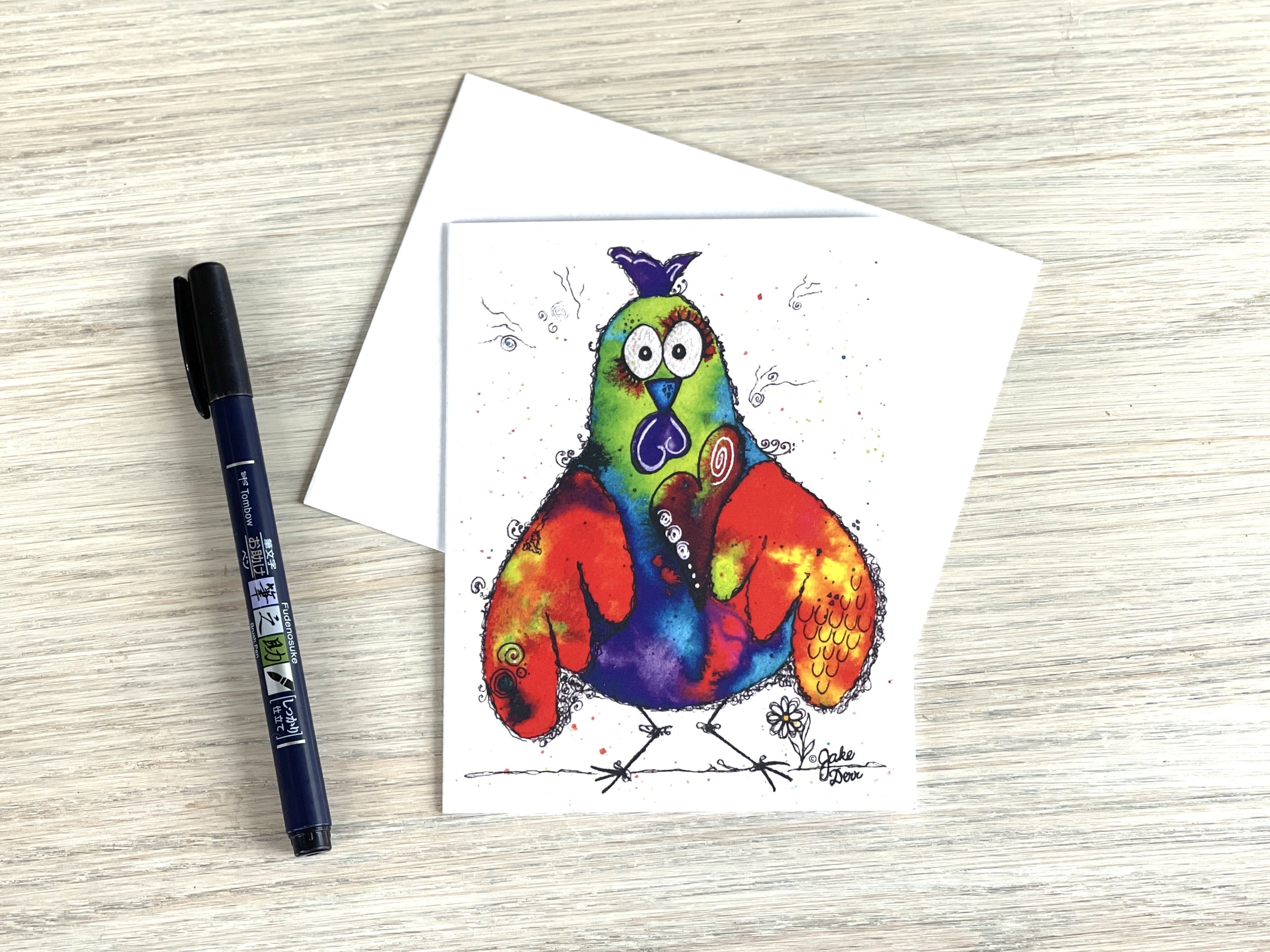 Laser Focused Hen Original Art Card by Jake Derr