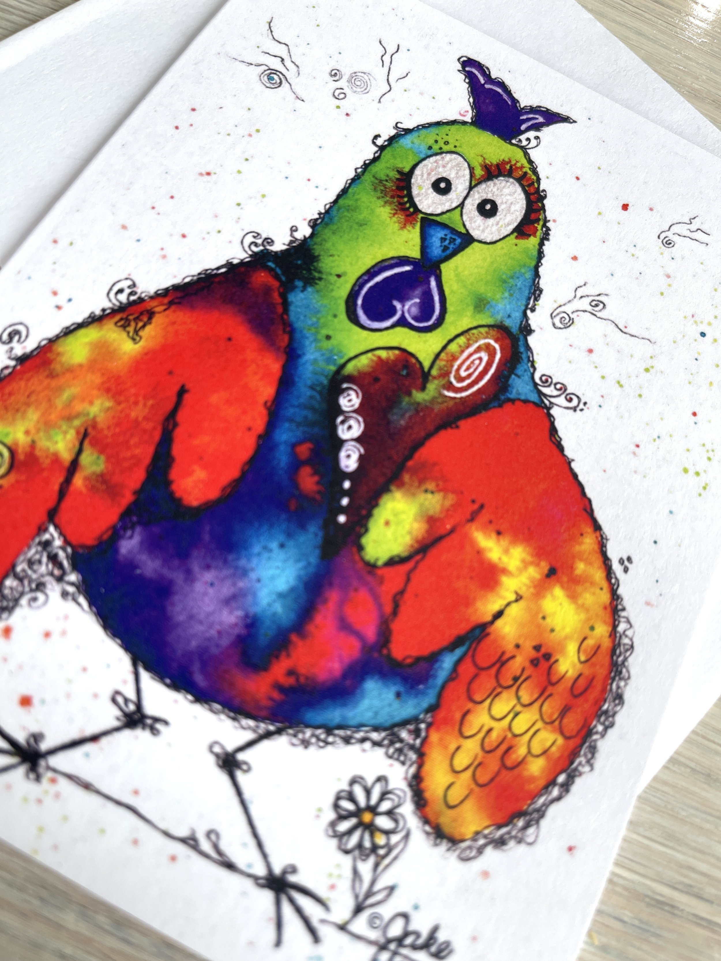 Laser Focused Hen Original Art Card by Jake Derr - Close Up