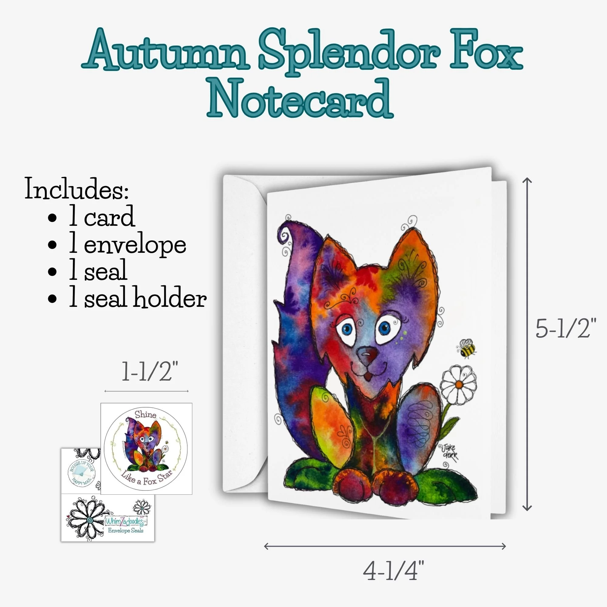Autumn Splendor Fox notecard with white envelope and matching decorative seal, blank inside for a personal message