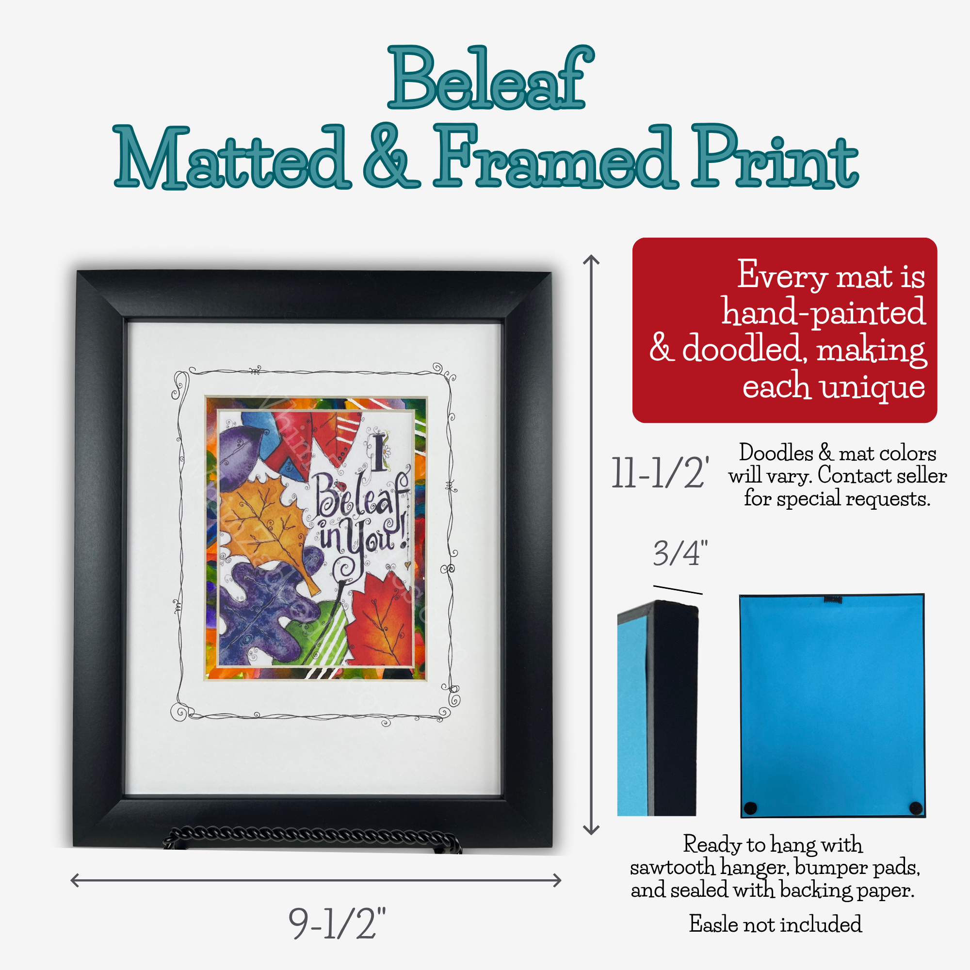 I Beleaf in You framed watercolor art with dimensions, featuring a hand-painted mat that carries the colorful leaves and playful painted stripes beyond the artwork.