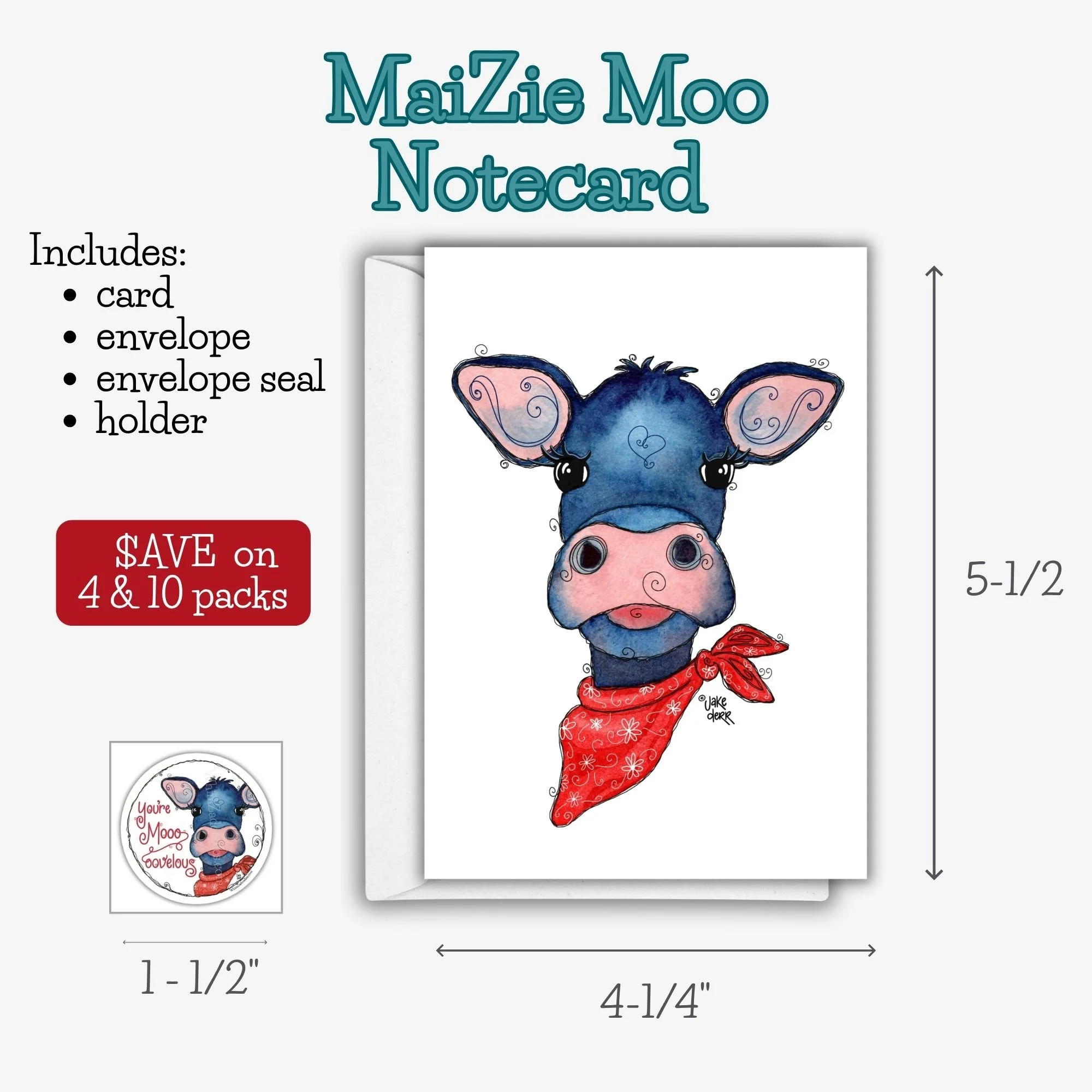 Whimsical MaiZie Moo calf notecard with matching envelope and coordinating envelope seal featuring watercolor farm animal artwork.