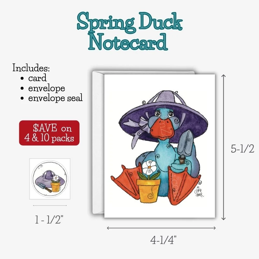 Whimsical Spring Duck watercolor greeting card with adorable duck carrying a flower pot, blank inside for birthdays, encouragement, thank you notes, thinking of you, and everyday happy mail.