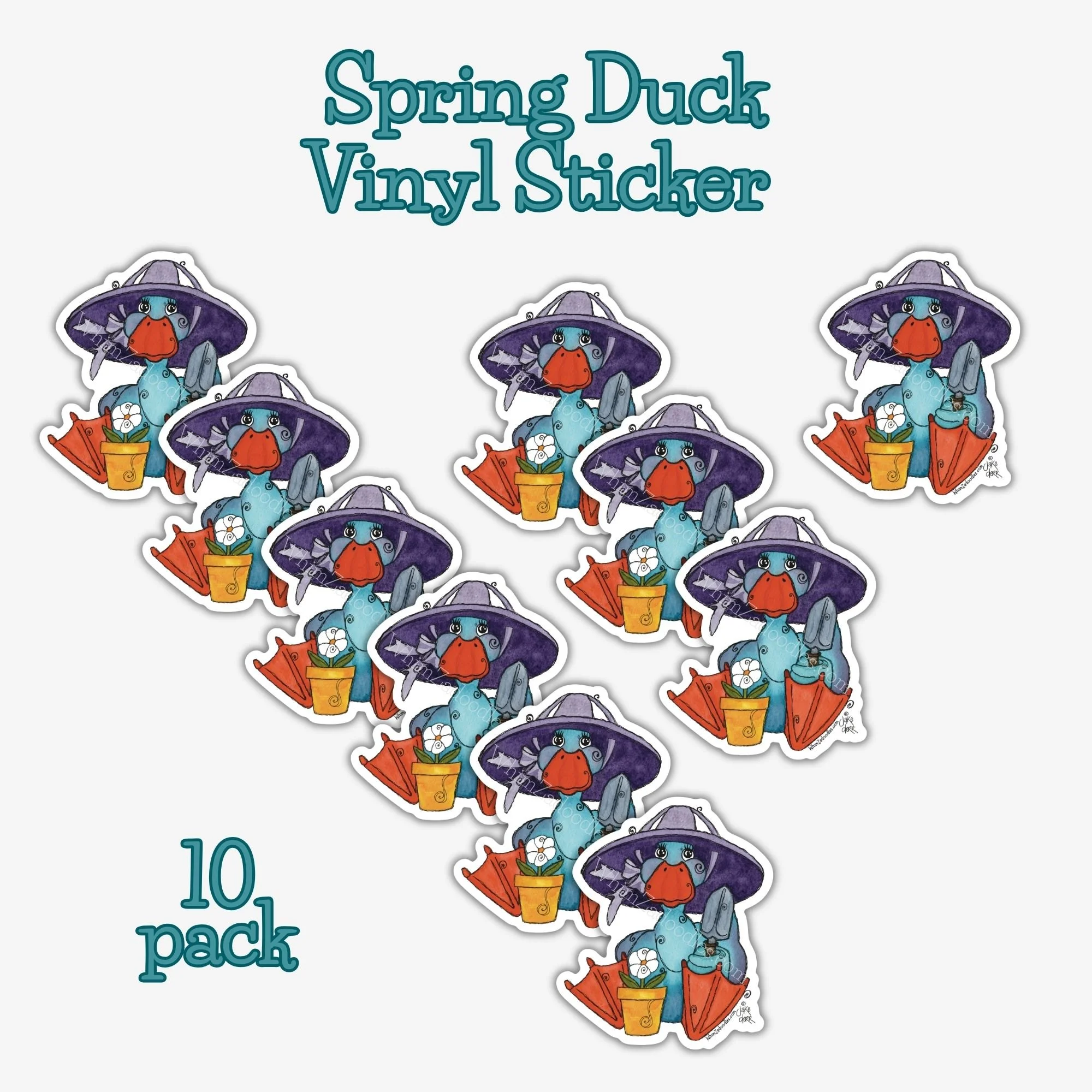 Ten-pack of garden accessory stickers featuring purple hat, hand trowel, and potted daisy illustration